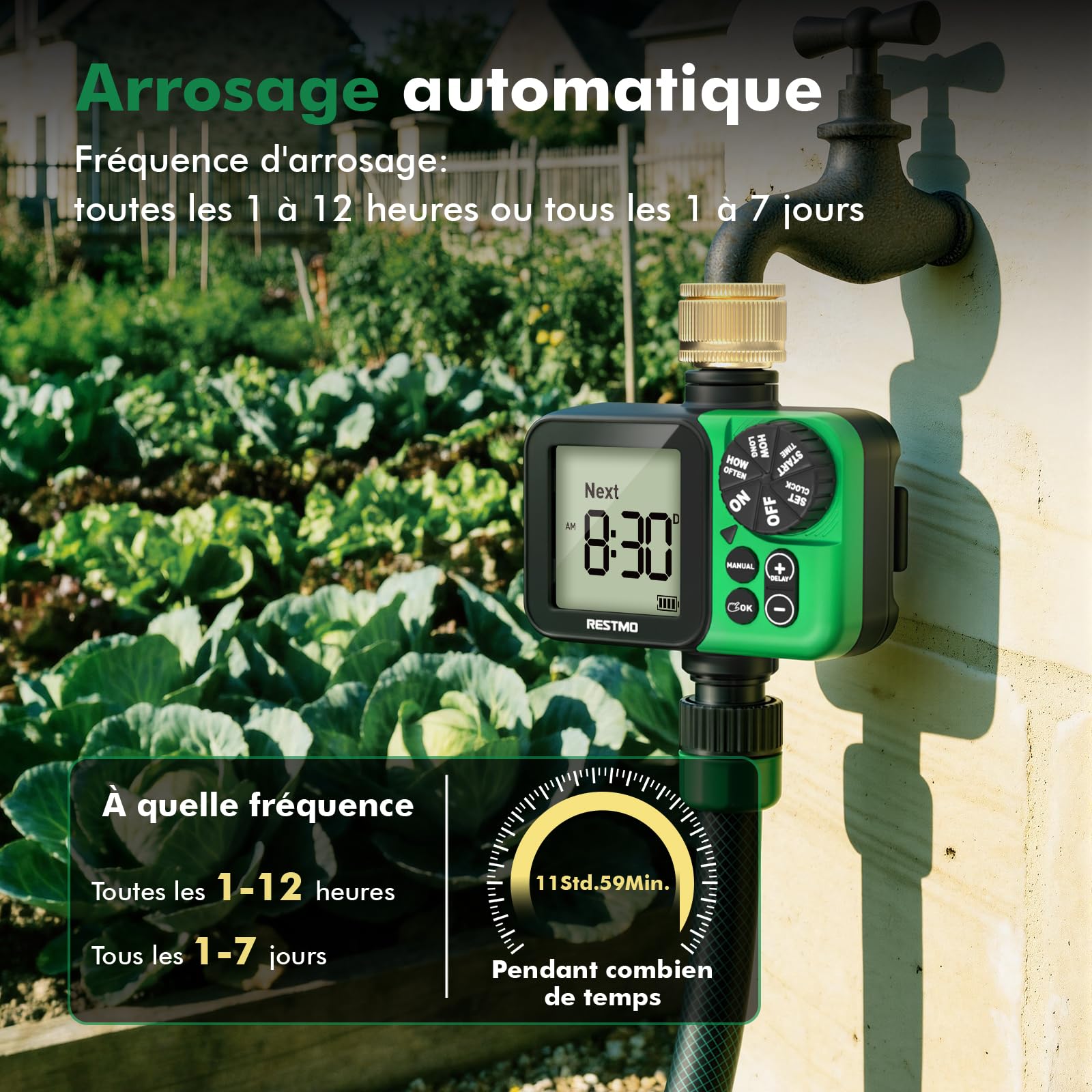 RESTMO Programmateur arrosage, Grand écran d'irrigation | Automatique/Manuel/Retard de Pluie (12/24/48/72H), minuterie d'arrosage pour Tuyau d'arrosage, Robinet extérieur, pelouse