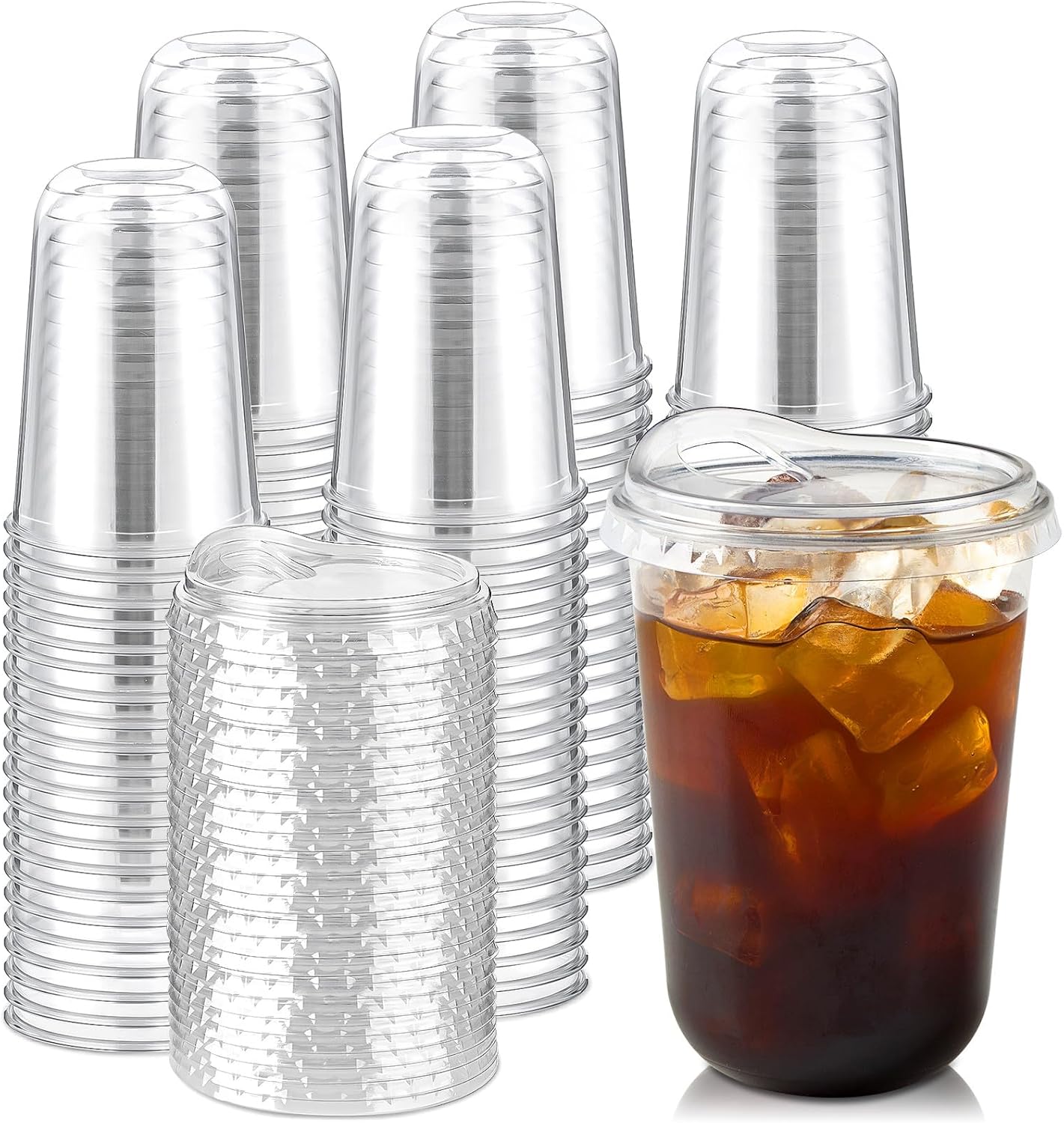 Round Bottom Clear Plastic Cups with Sip Lids, 100 Sets, Disposable Iced