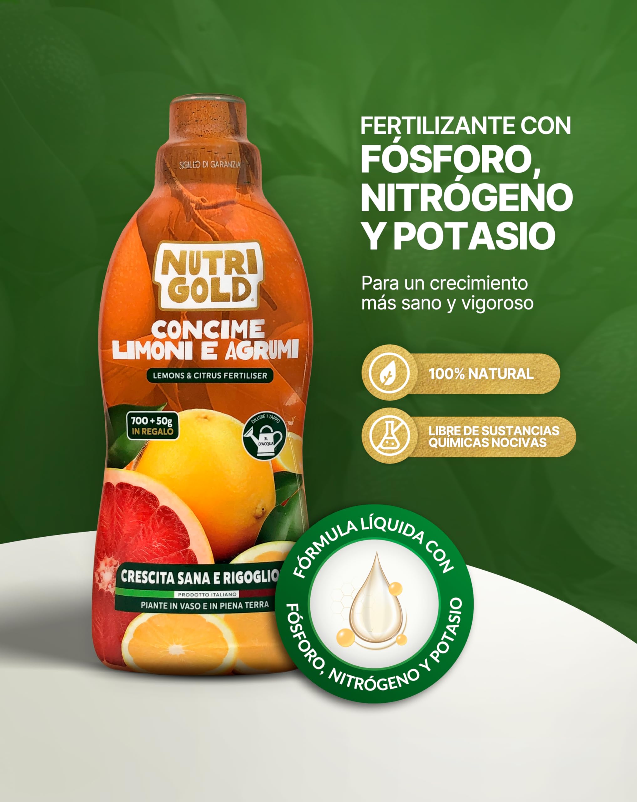 NutriGold® fertilizante Cítricos | Abono para Limones, Naranjas, Mandarinas y Pomelos - Rico en NPK - Para Cítricos en Tierra o Maceta - 700g + 50g Gratis