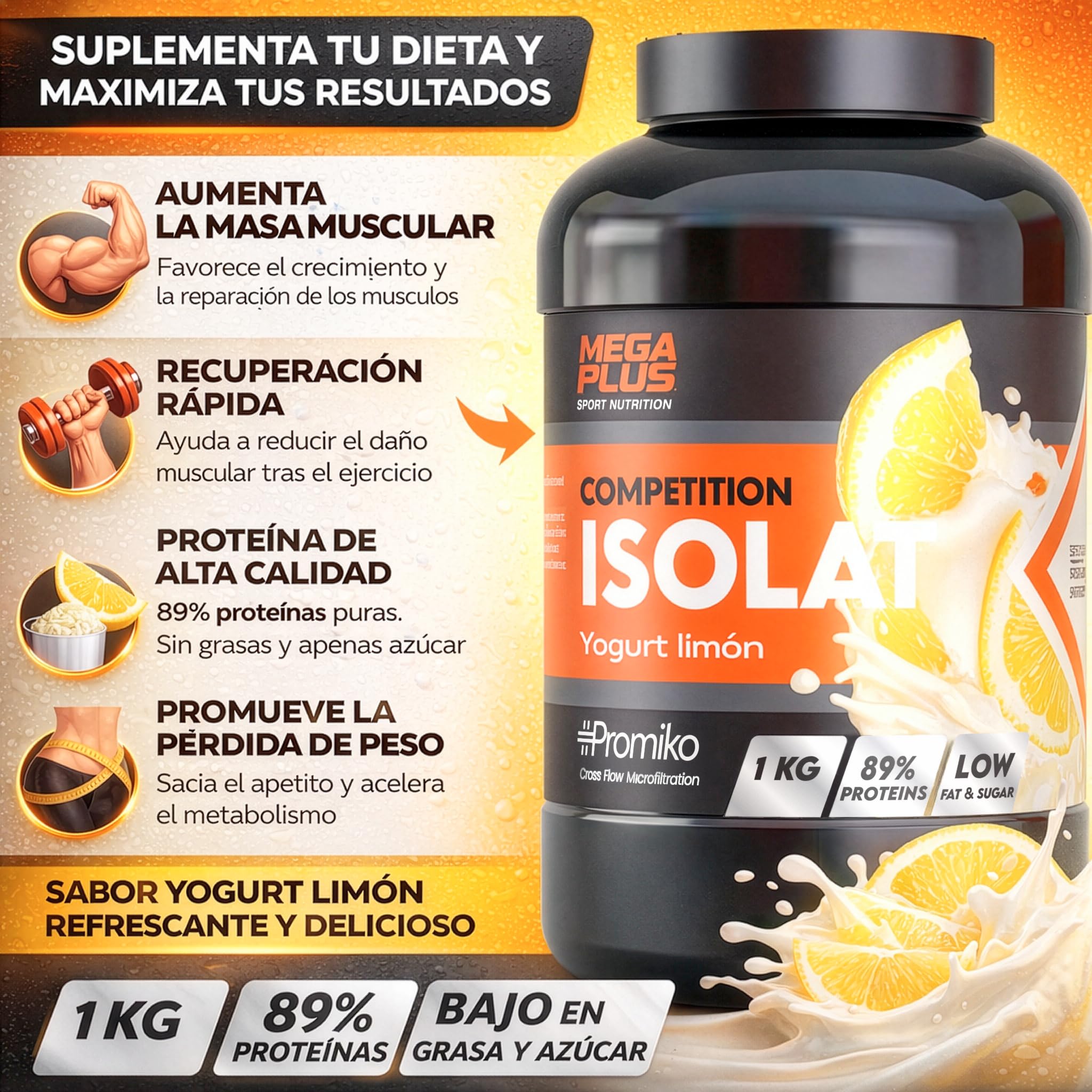 Białko - Isolate Competition - Mega Plus - CFM - Czyste białko w proszku - Isolate 100% - Promiko, białko zawodowe dla elitarnych sportowców (jogurt cytrynowy, 1 kg)