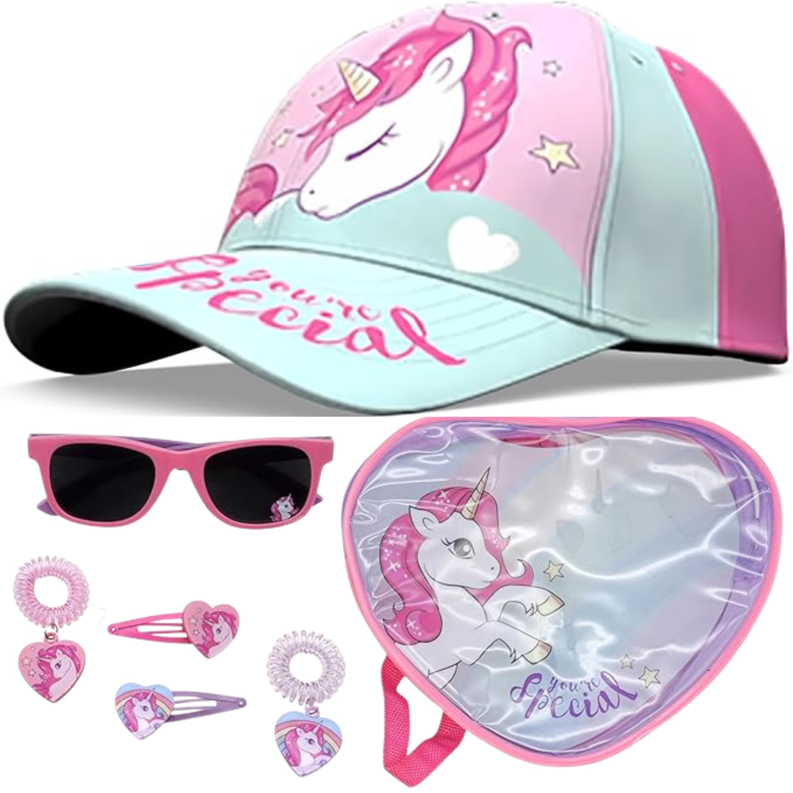 SRV Hub Unicorn Girls Baseball Cap & Hair Accessories Set with Heart Backpack | Toddler Sun Hat + Sunglasses + Clips + Bobbles for Ages 3-6 Years