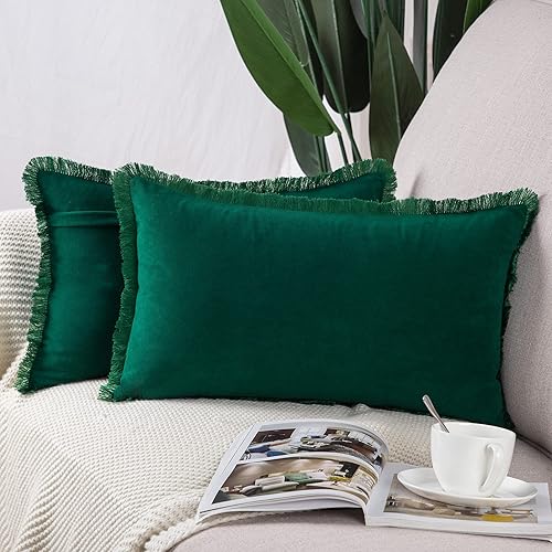 MADIZZ Juego de 2 fundas de cojĂn de gamuza con borlas de flecos de 18 x 18 pulgadas, fundas de cojĂn decorativas suaves, de color verde, para sofá MADIZZ Juego de 2 fundas de cojĂn de gamuza con borlas de flecos de 18 x 18 pulgadas, fundas de cojĂn decorativas suaves, de color verde, para sofá