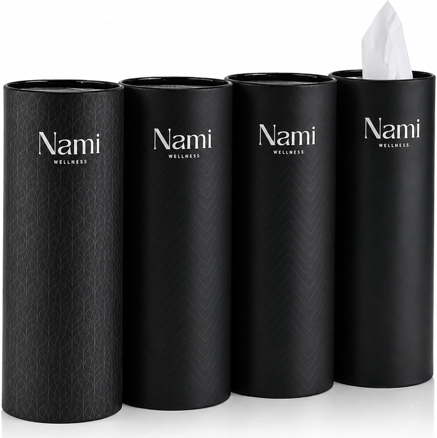 Set of 4 Cylindrical Tissue Boxes for Cars – 50 3-Ply Tissues per Box – Elegant Design – Cup Holder Compatible – NAMI Wellness (3 Designs + 1 Random)