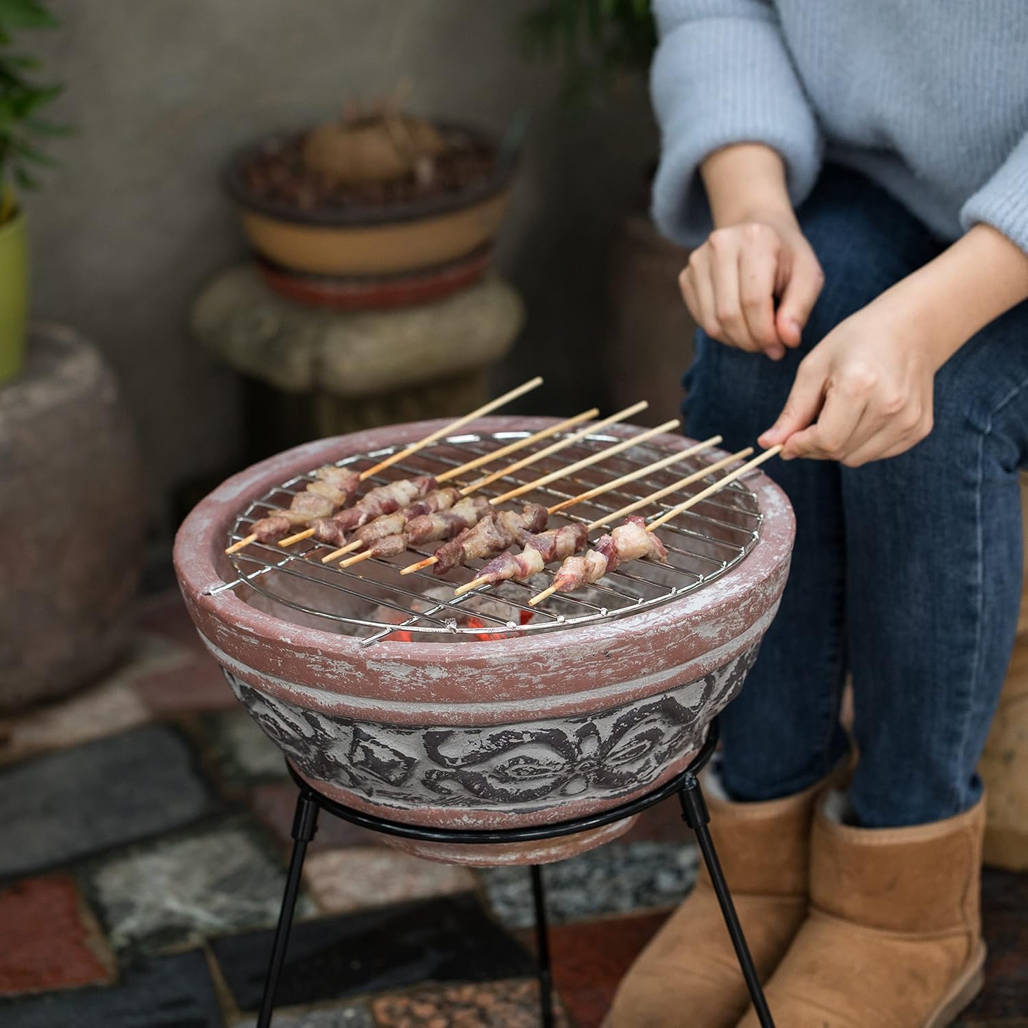 Indoor and Outdoor Small Red and Grey Grill Clay Fire Pit and Accent Design and Metal Stand