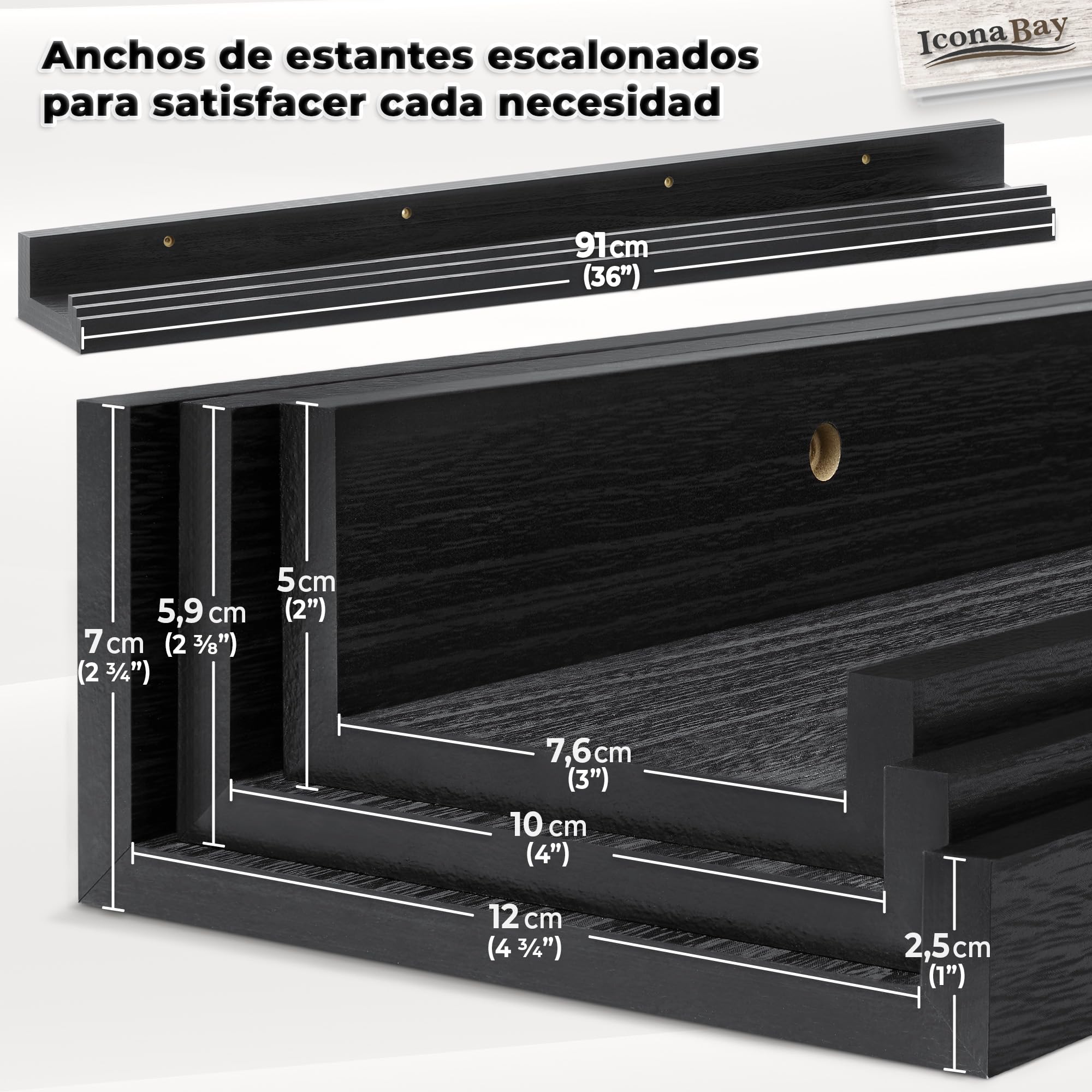 Estantes flotantes de pared de 91 cm - Juego de 3 en negro ébano - Estilo rústico moderno - Expositor de pared - Repisas para cuadros - de Icona Bay