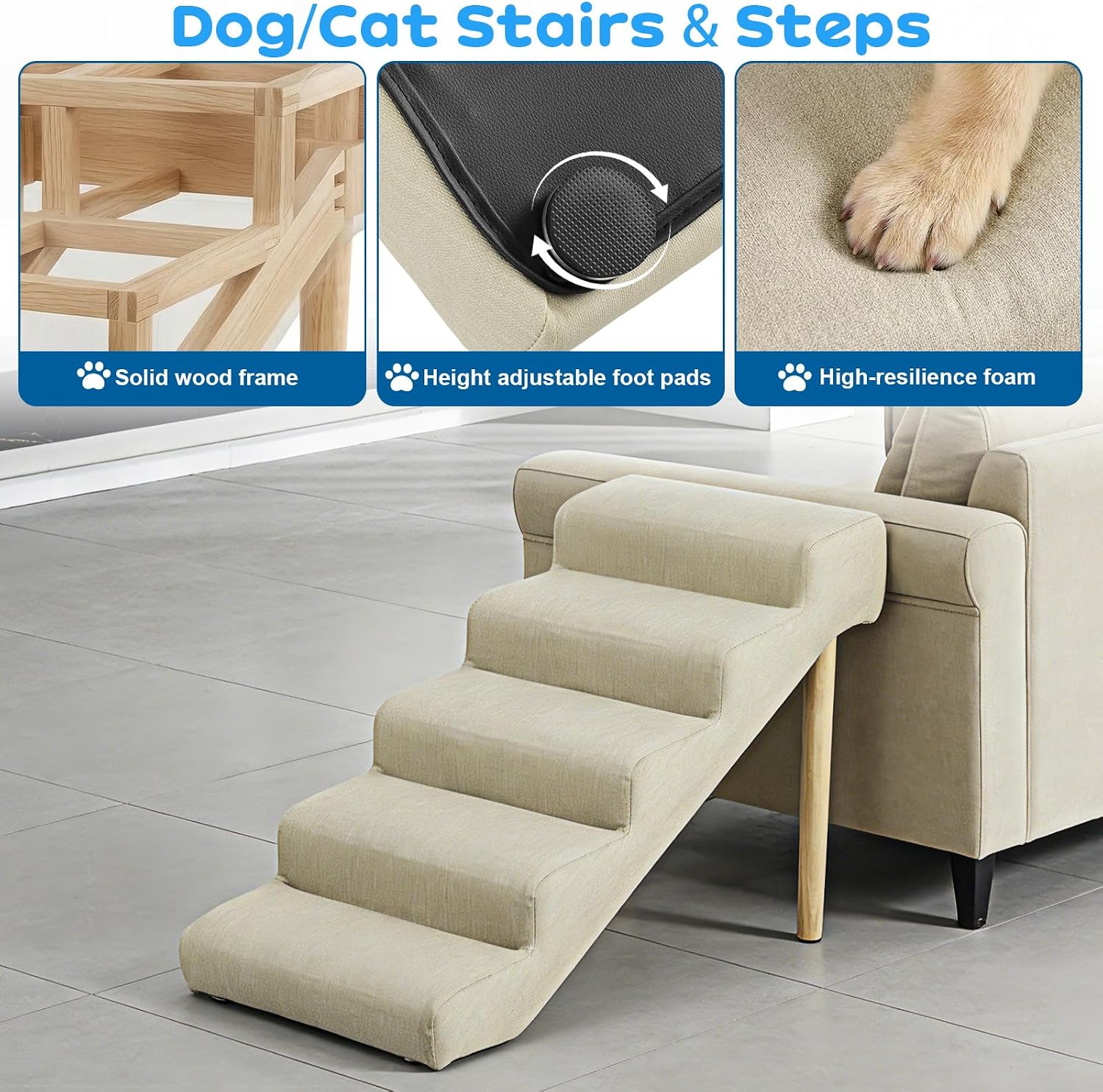 Imitation Linen Faux Leather Dog Stairs, Dog Steps for High Bed Couch up to 220lbs, Scratch Resistant Waterpoof Pet Stairs with Solid Wood Frame and Legs, Light Beige Linen, 5 Steps