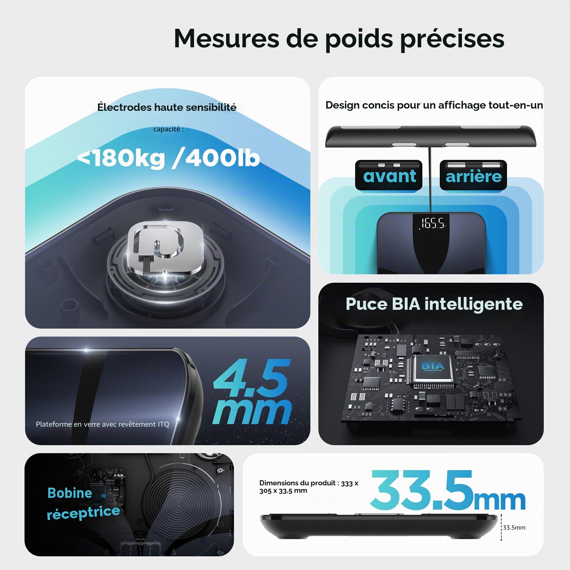 Posture Balance Pese Personne Intelligent, 8 Électrodes Pese Personne Impédancemètre 28 Indicateurs (IMC/Graisse Corporelle/Protéines/Muscle) avec App Bluetooth, 180 kg avec Fonction Vocale