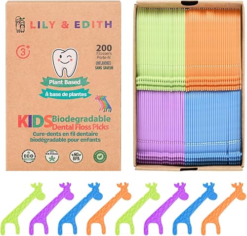 Kids Biodegradable Dental Floss Picks 200 Counts, Fluoride Free, Plant Based Material, Fun Animal Flossing Sticks, Ultra Sturdy Thread, Zero Waste Package (Unflavored)