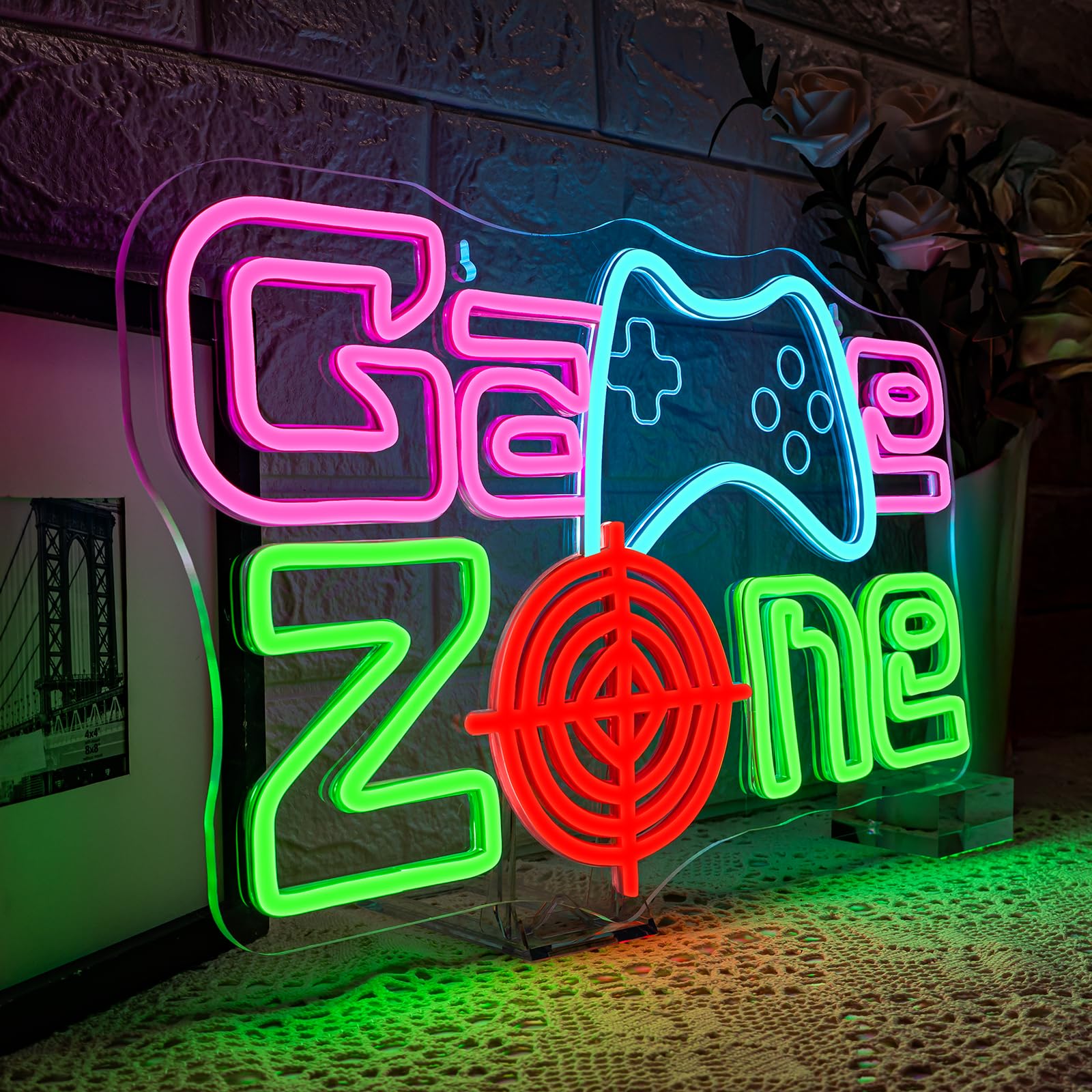 ineonlife Game Zone Neon Led,Radar Gamepad Luces Neon para Decoración de Pared,Letrero Led para Sala de Juegos,Zona de Juegos,Cueva de Hombre,Sala Familiar,Regalo para Niño