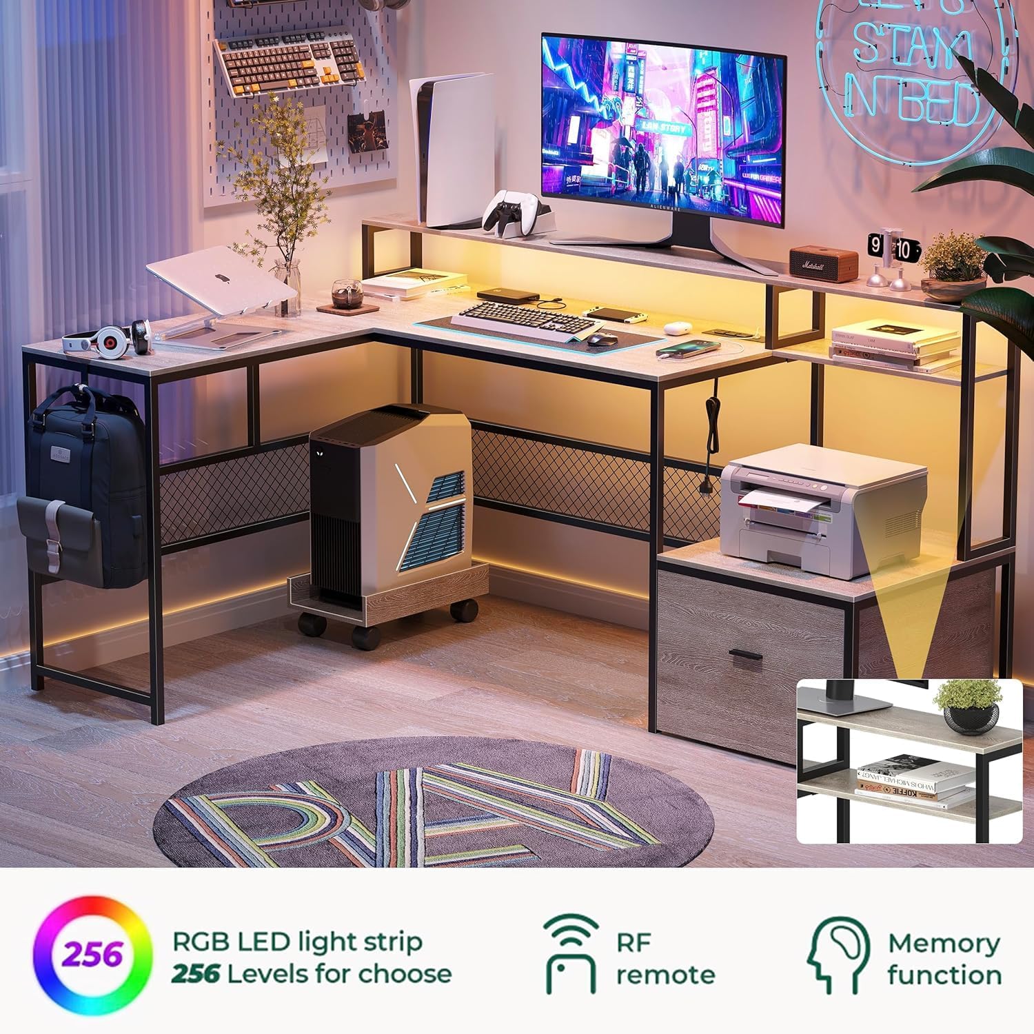 L Shaped Desk with Drawers, 66" Home Office Desk with Power Outlet and Led Strip, Computer Desk with Storage Shelves & Monitor Stand, Large Corner Desk Gaming Desk, Grey