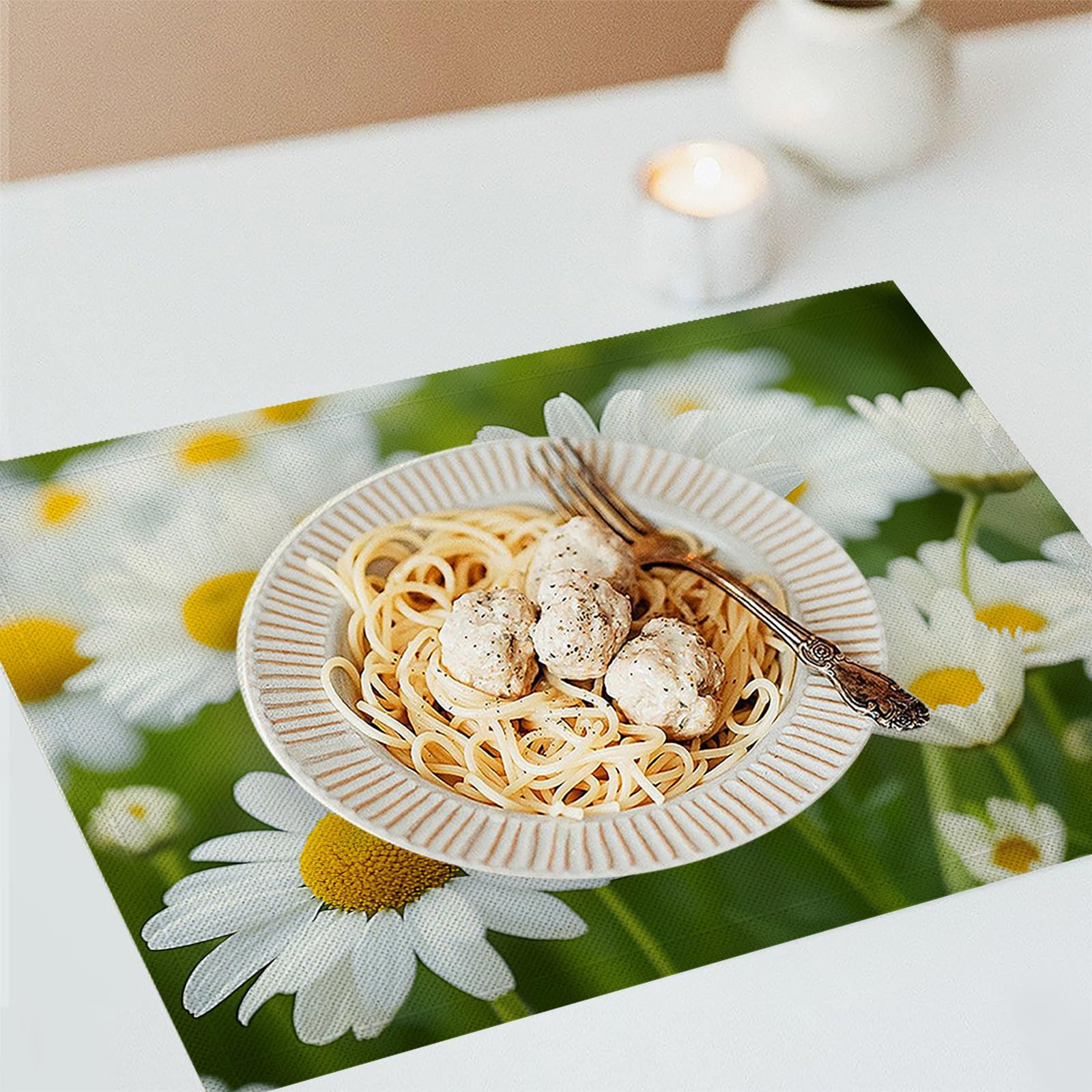 30×45cm Tovaglietta Americana Fiori eleganti in Cotone Lino Rettangolare - Tovagliette Set di 8 Campo di margherite bianche Resistente al Calore per La Cucina, Il L'Ufficio