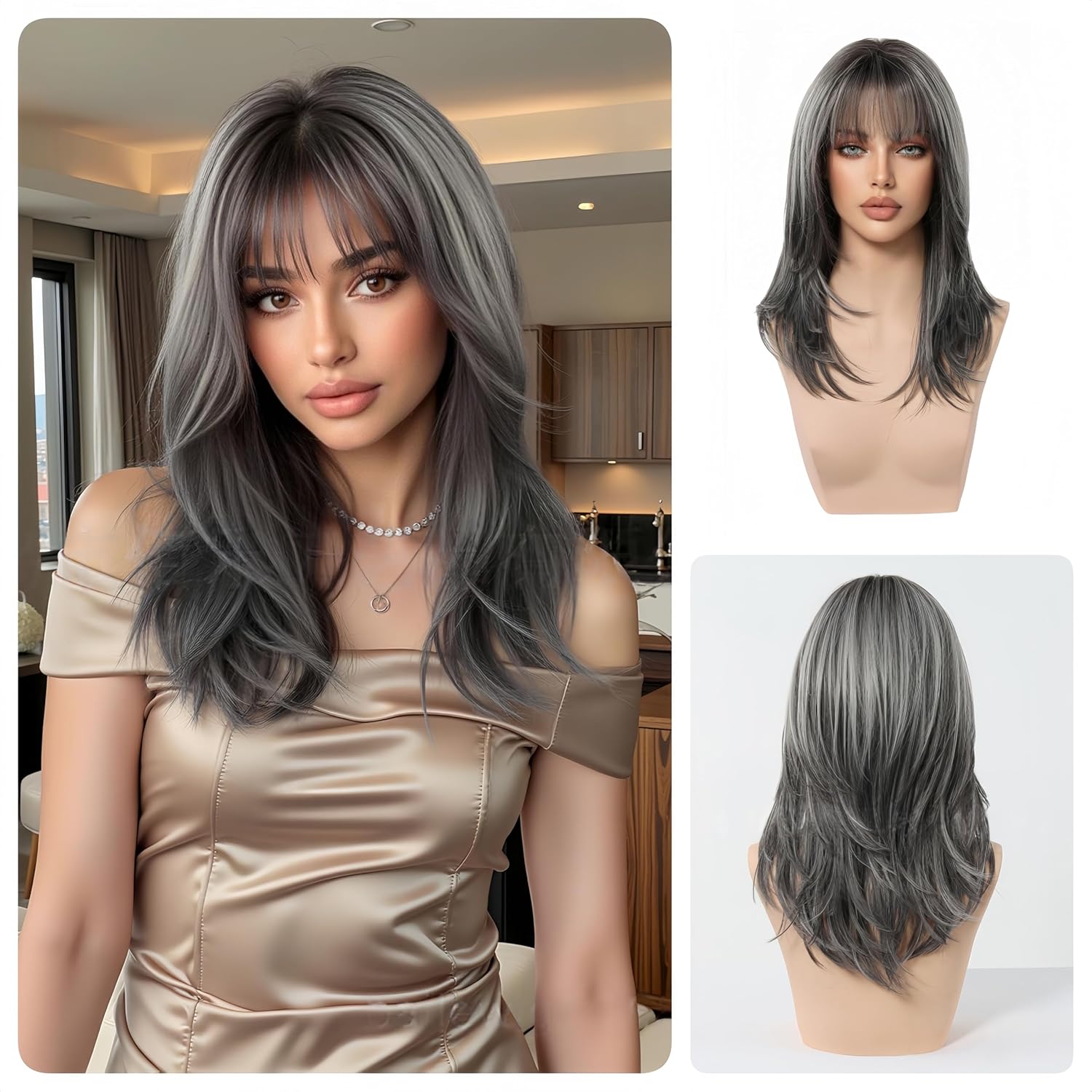 Shoulder Length Long Curly Layered Body Wave Long Hair Wig With Air Bangs Gray Natural Looking For Women Daily Use Party Wedding Human Hair Wigs Lightweight (Grey)