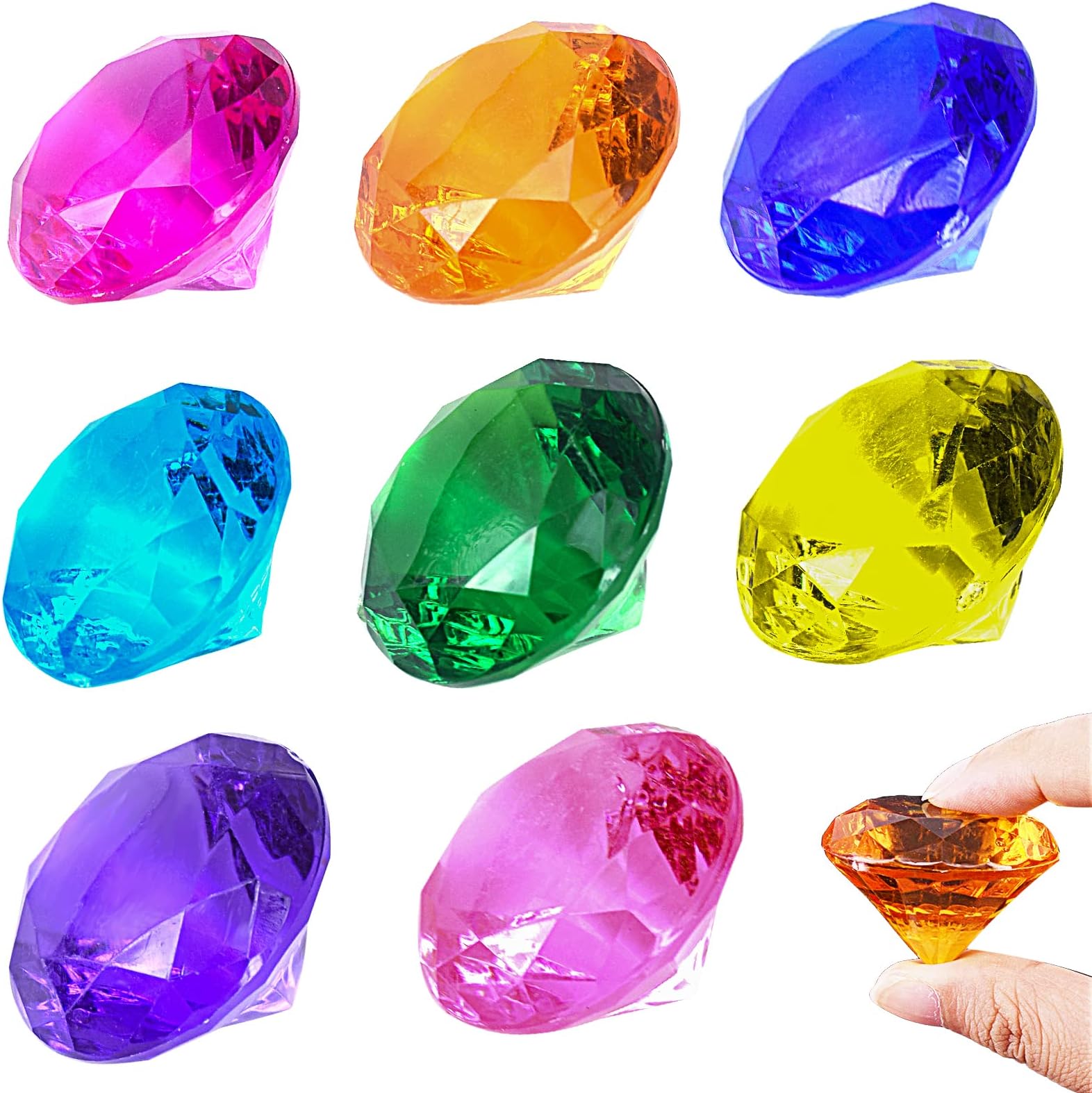 8Pcs 40mm Big Size Diamond Gemstones, Large Acrylic Diamond Gems Jewels Pirate Treasure Chest Hunt Toy Fake Plastic Crystals for Crafts Party Favors Christmas Decorations Easter Prizes Vase Filler