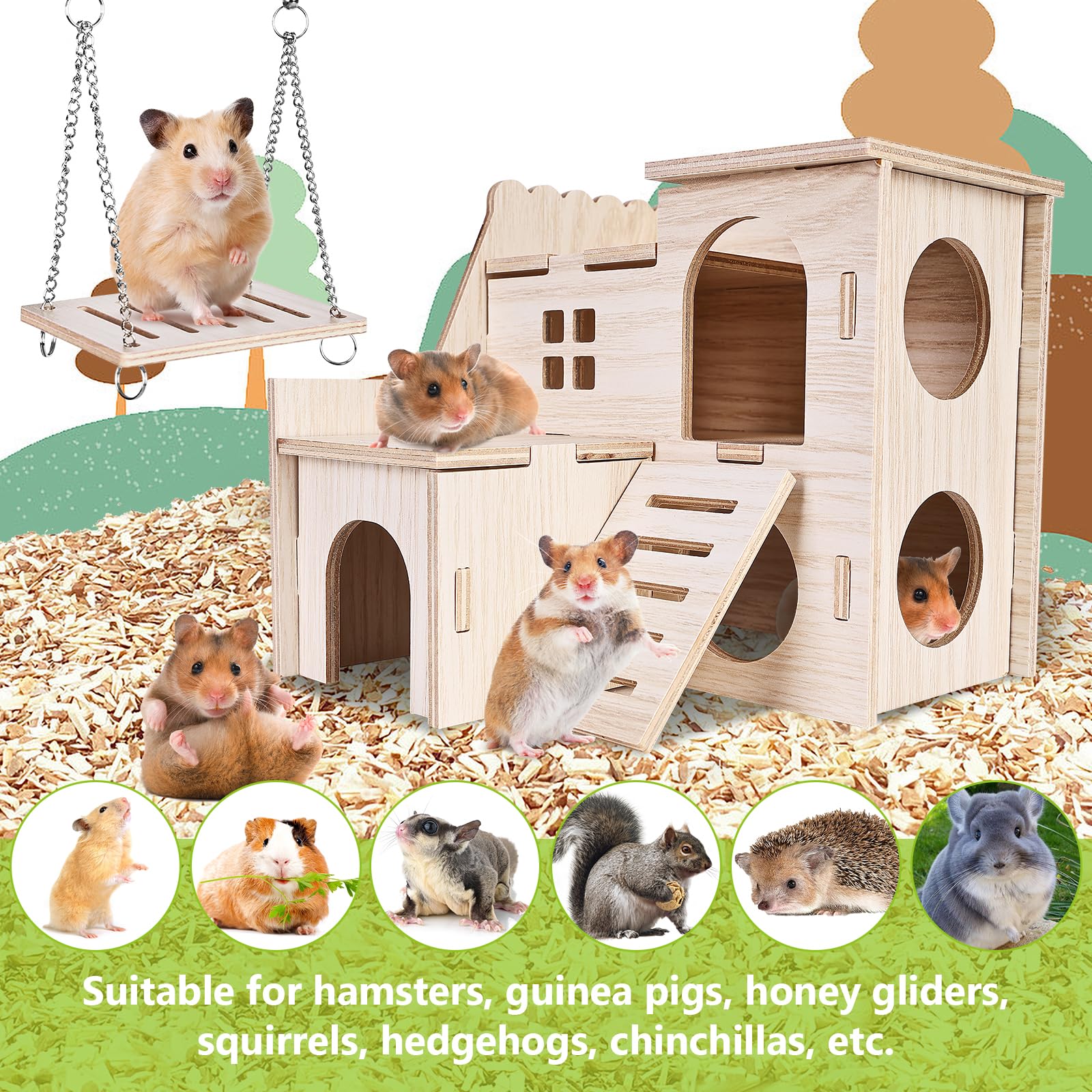Juguetes Hamster Madera, Juguetes para Masticar Hámster, 7 Piezas Juguetes para Hámster Columpio, Balancín, Casa, Accesorios De Juguete para Los Conejos, La Chinchilla, Hámsters, Cobayas