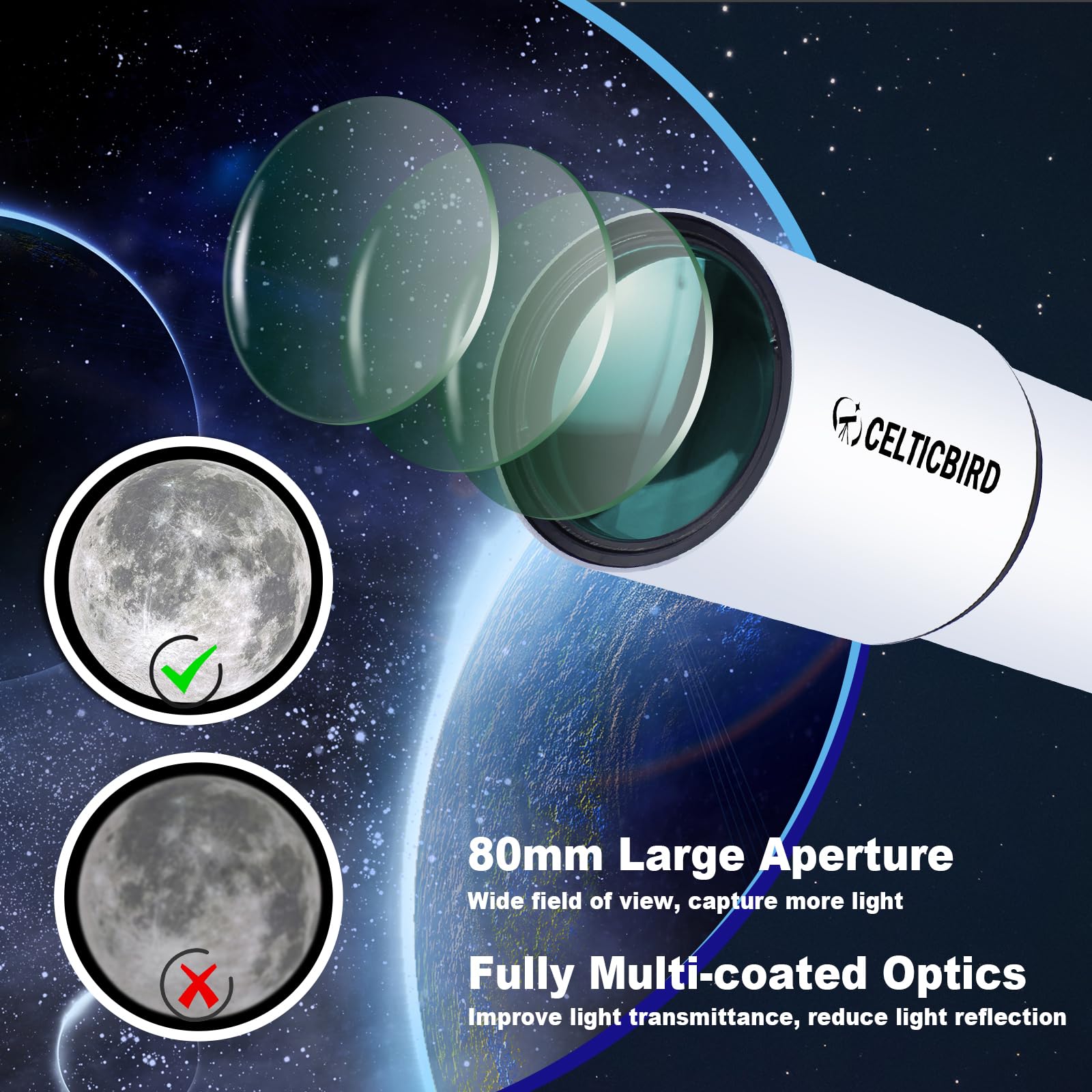 CELTICBIRD Telescopio per adulti ad alta potenza, telescopi da viaggio per adulti, regali per principianti di astronomia, telescopio rifrattore 900 con apertura da 80 mm con attacco AZ