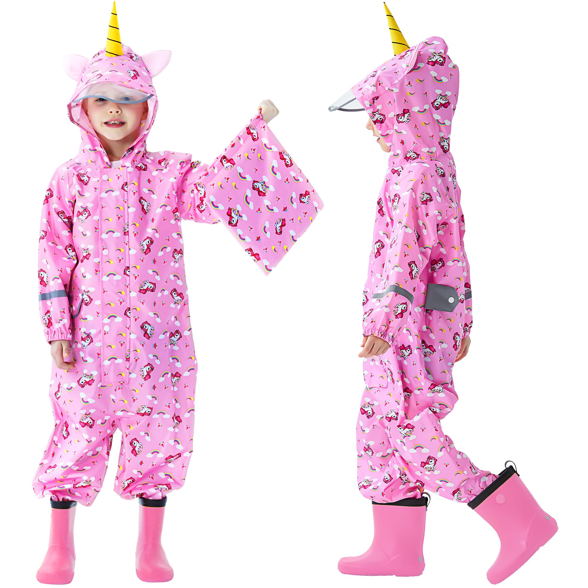 Domueay Chubasquero Niña Mono Impermeable Chaquetas Ligero Lindos Traje de Lluvia Plegable Capa de Lluvia con Detalles Reflectantes y Capucha Infantil Bebé 1-9 años