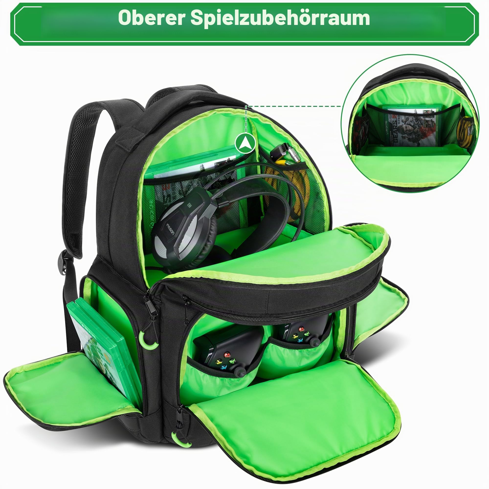 PGmoon Rucksack Kompatibel mit Xbox Serie X/S Konsole | Tasche mit Separatem Stauraum für Konsole, Headset, Controller, Mehrere Taschen für Zubehör (Patent Design)