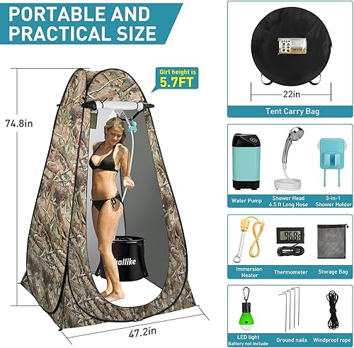Miniatura 5 de Kit de ducha caliente portátil para tienda de campaña de ducha, calentador de inmersión de 1000 W, bomba de ducha recargable para campamento, tienda