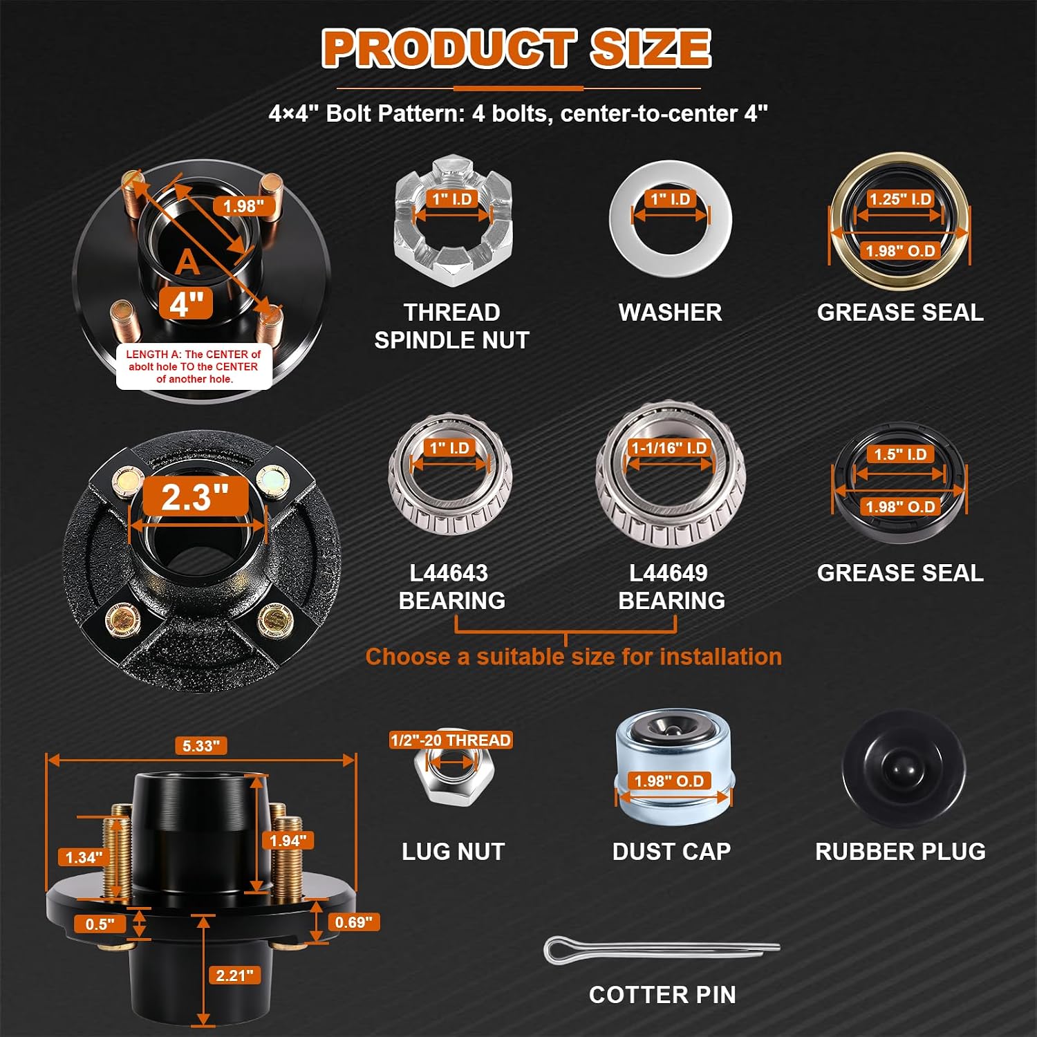 4 Lug Trailer Hub Kit for 2000 lbs, 4 Bolt 4", 2 Sets Heavy Duty Boat Idler Trailer Hub, Fits 1" and 1"-1/16" Axles, Premium Trailer Hub Assembly (only for Straight Spindle)
