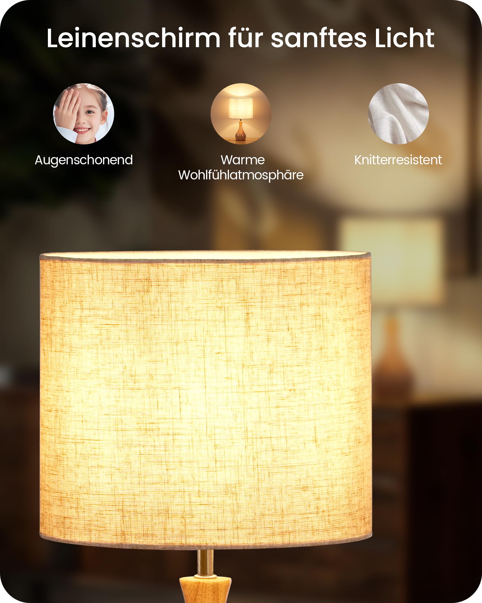 Nachttischlampe aus Holz 2er Set, Moderne Tischlampe Wohnzimmer, Beige Nachttischlampe mit Kabel, Fensterbank Lampe, E27 2700K Birne, für Schlafzimmer, Nachttisch, Hotel ZME09TLDP205