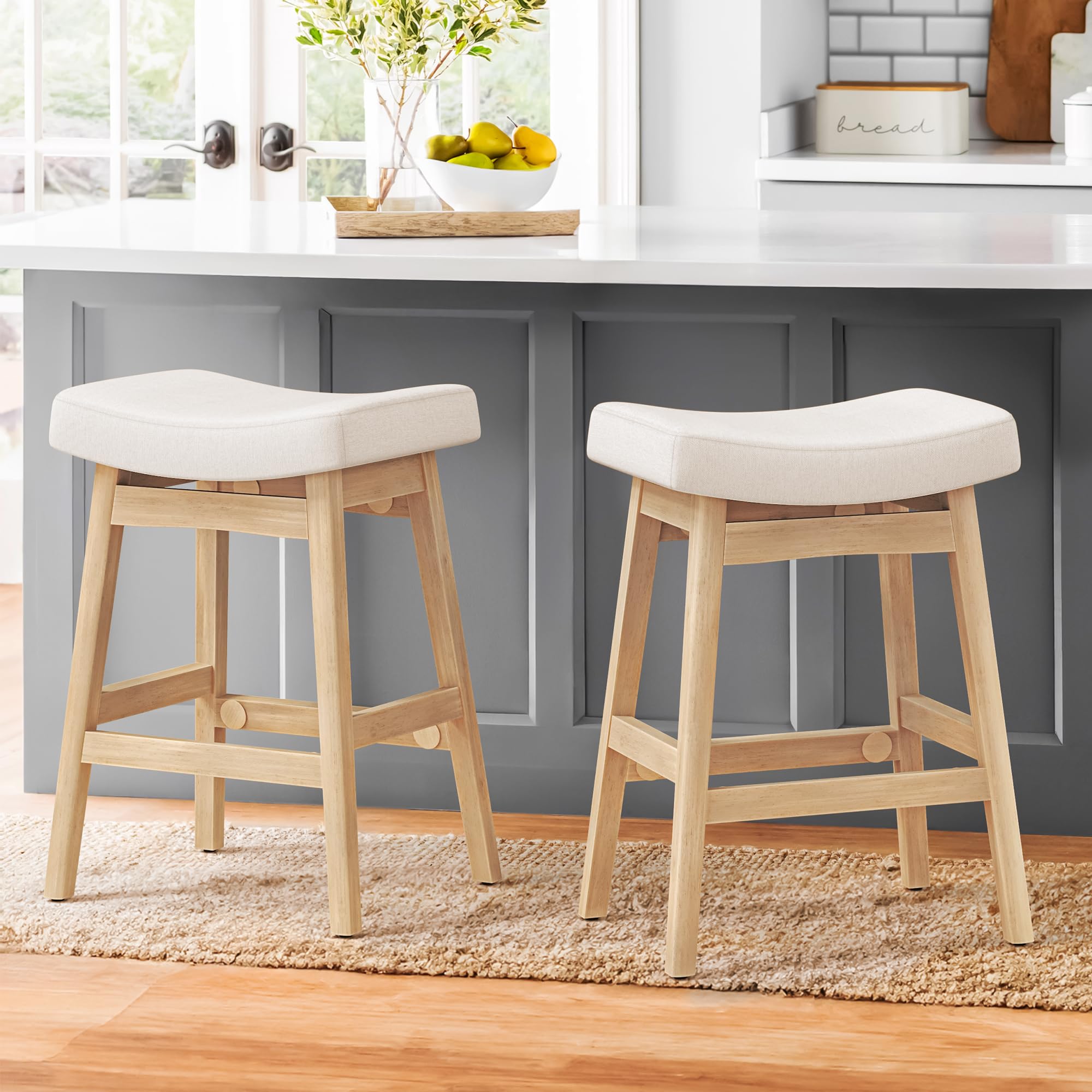 LUE BONA Bar Stools Set of 2, 61 cm Counter Height Barstools with Curved Padded Cushion, Solid Rubberwood Legs, Kitchen Breakfast Bar Chairs, Cream White