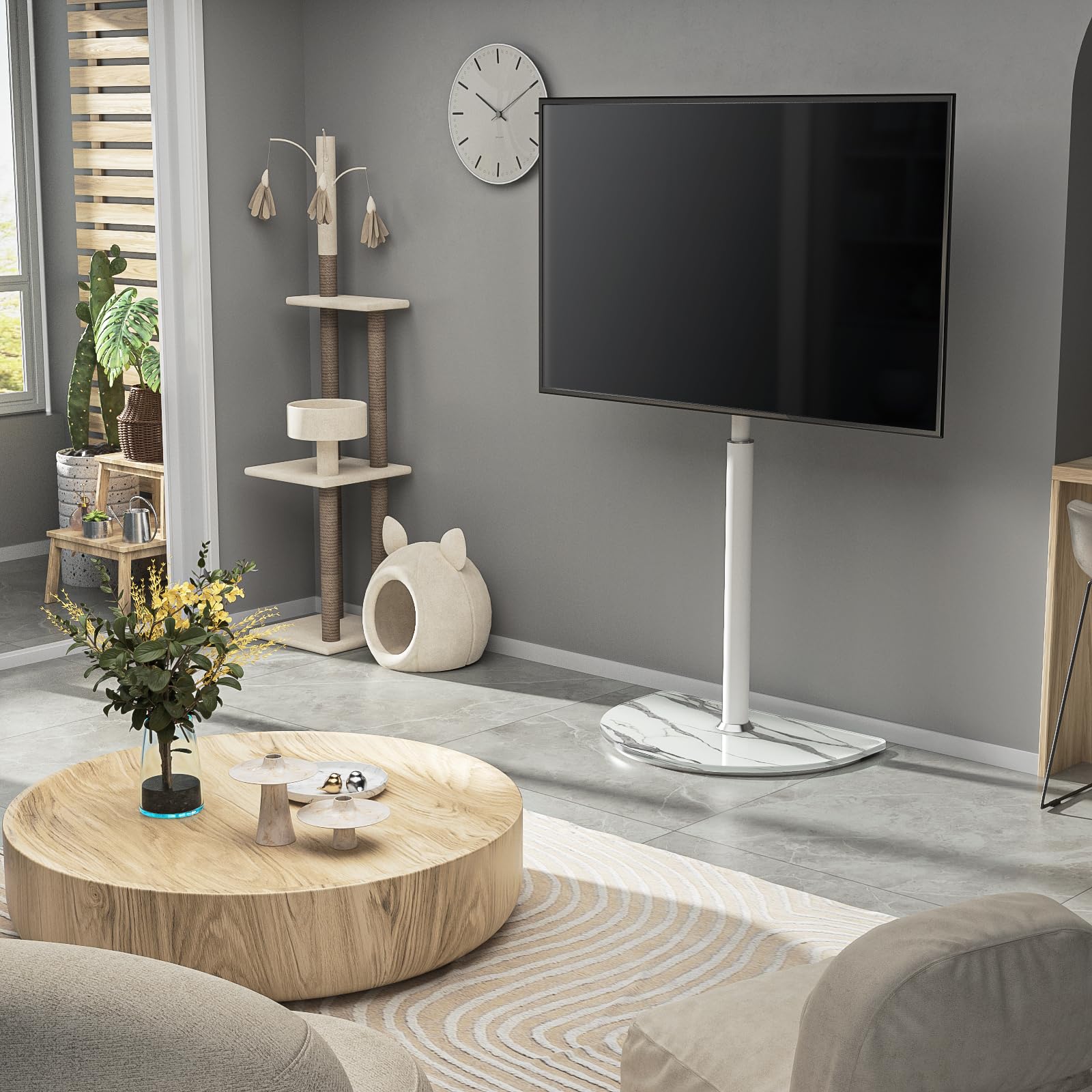 RFIVER Supporto da pavimento per TV da 32 a 65 pollici LED LCD OLED piatto curvo con rotazione di ± 25 gradi, supporto per TV angolare regolabile in altezza fino a 40 kg, gestione dei cavi, facile da