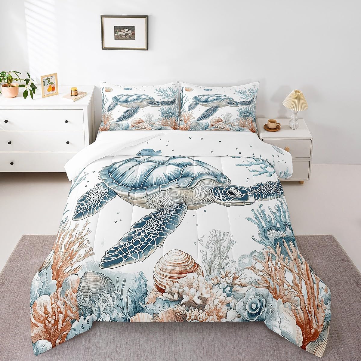 Sea Turtle Bedding Set King Size,Ocean Coral Shells Comforter Set 3Pcs for Kids Girls Boys Adult Room Decor,Underwater World Quilt Set Wild Animals Duvet Insert,2 Pillowcases