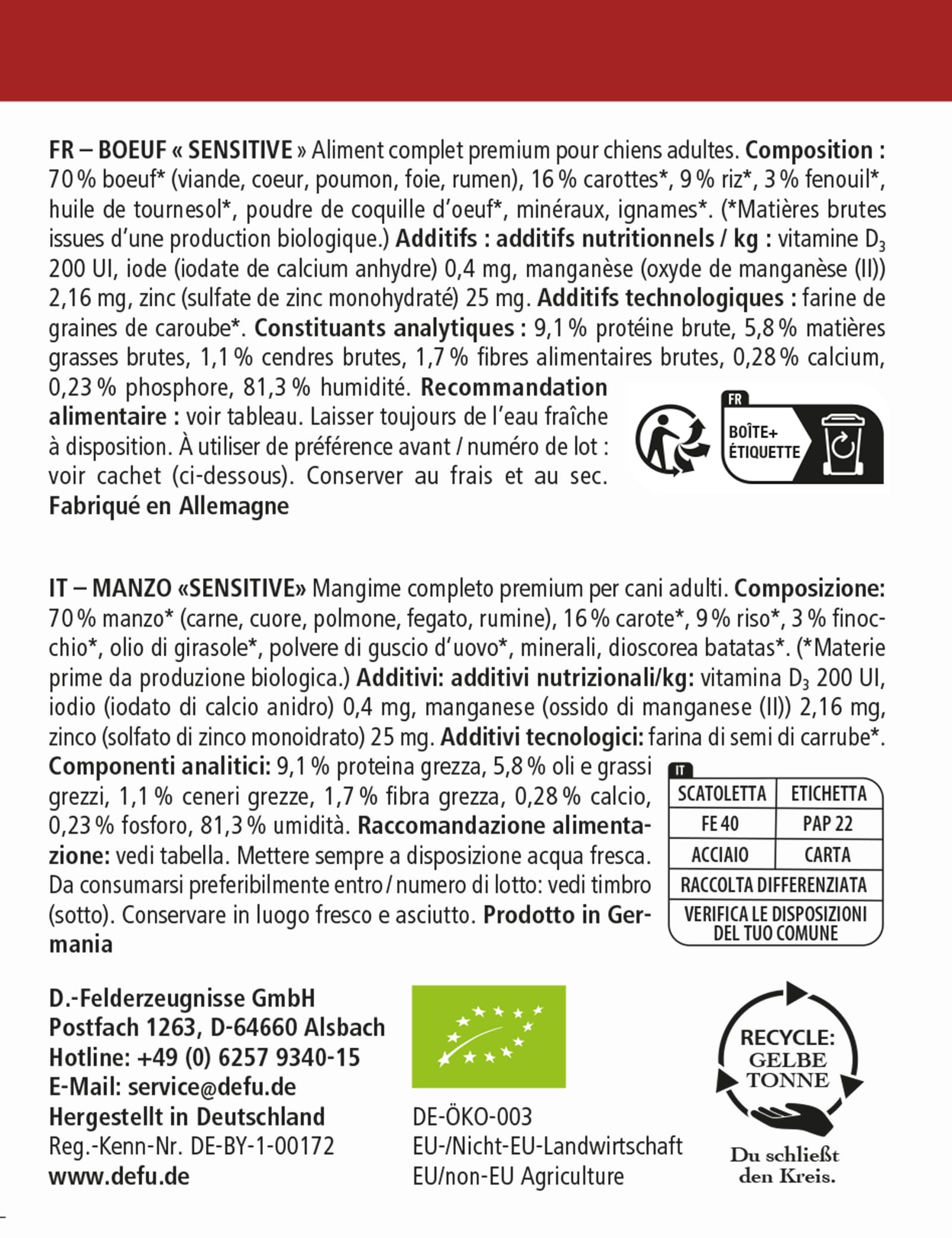 defu Hundefutter | 12 x 410 g | Bio Rind Sensitiv | Premium Bio Nassfutter Menü | Alleinfuttermittel für Hunde