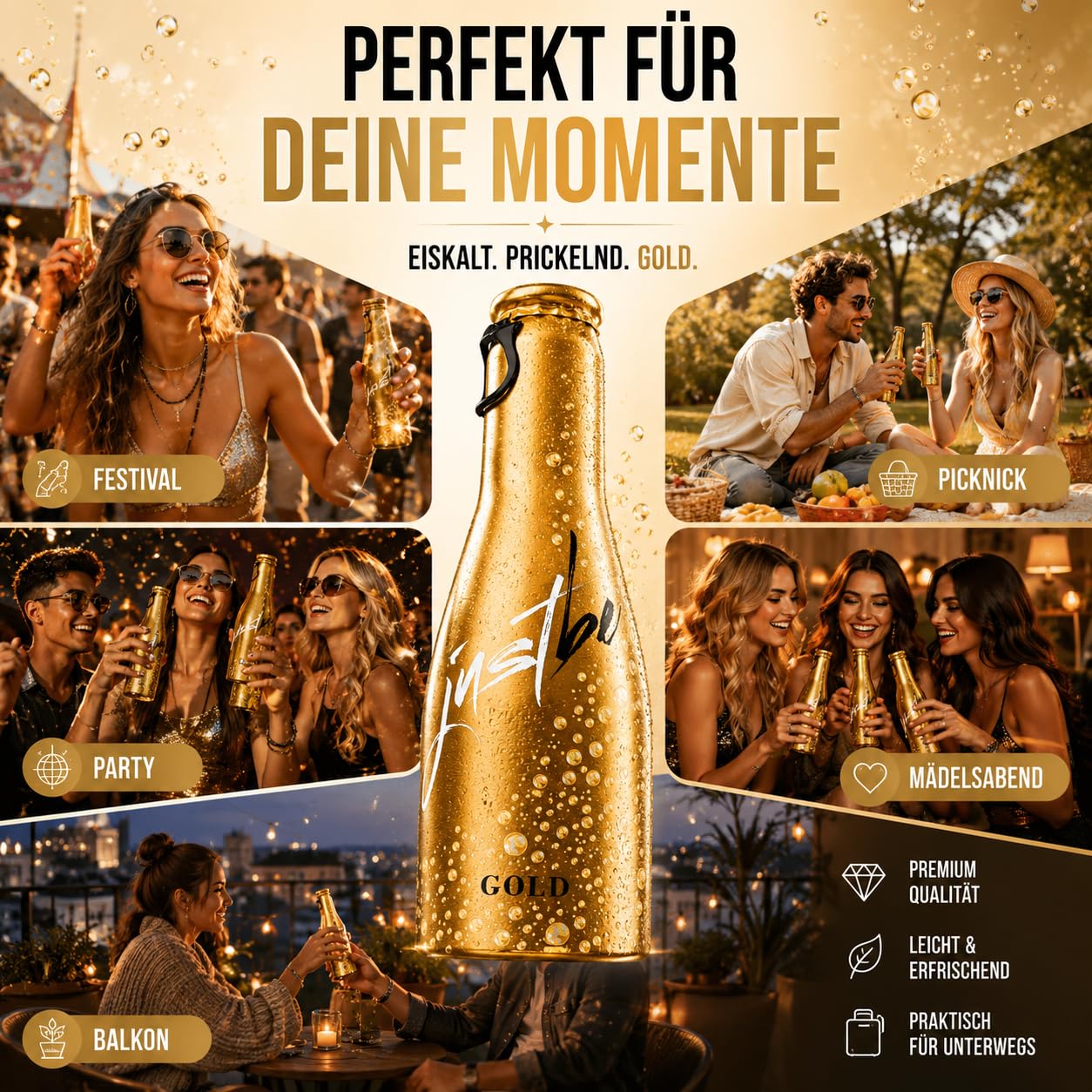 JustBe Geschenkset mit 4x Piccolo JustBe Gold - prickelnder Weisswein (Gold W)