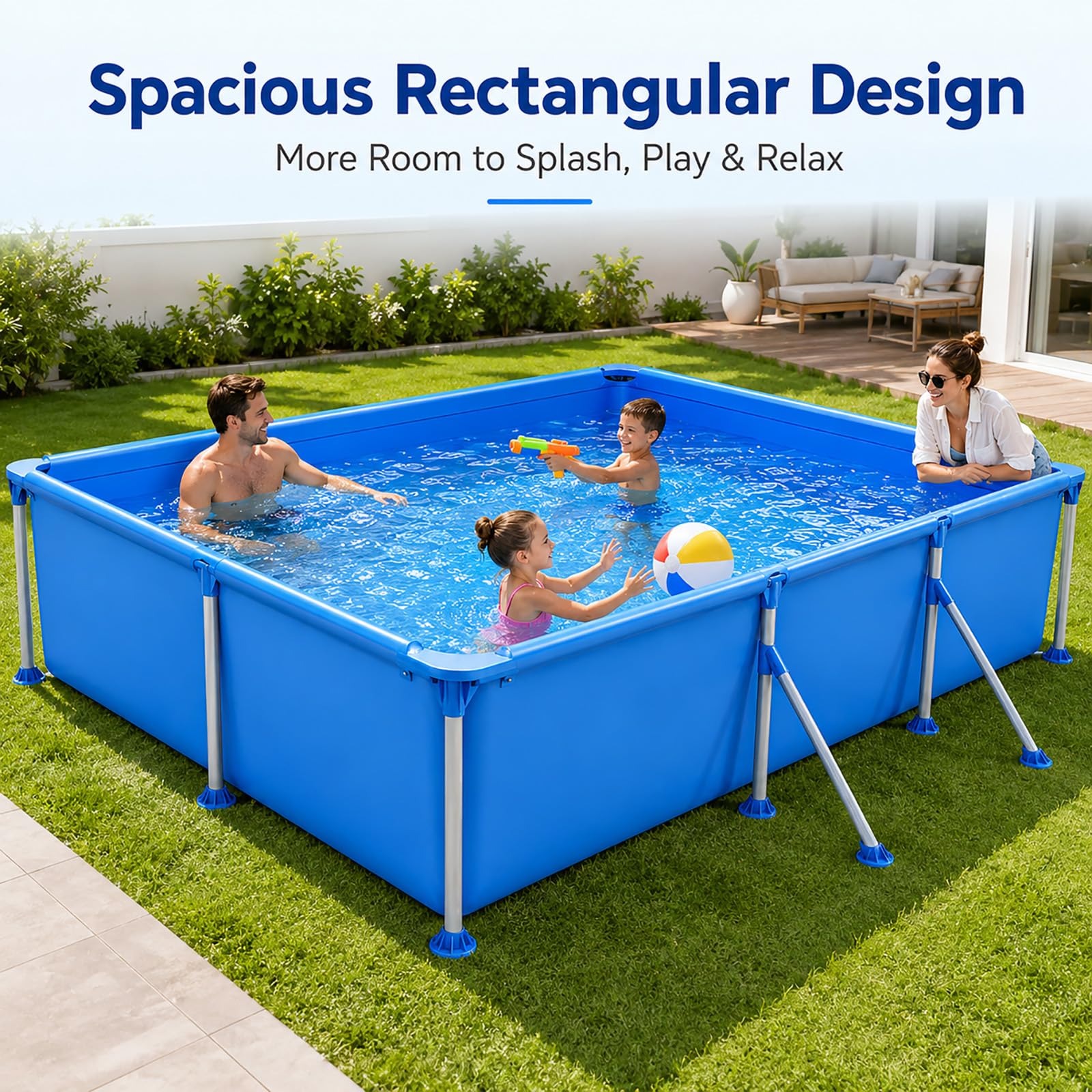 Piscina con Telaio Familiare da Giardino, Fuori Terra Rettangolare | Piscina Esterna Stabile Facile da Montare per Bambini e Adulti Estate(300*207*66cm)