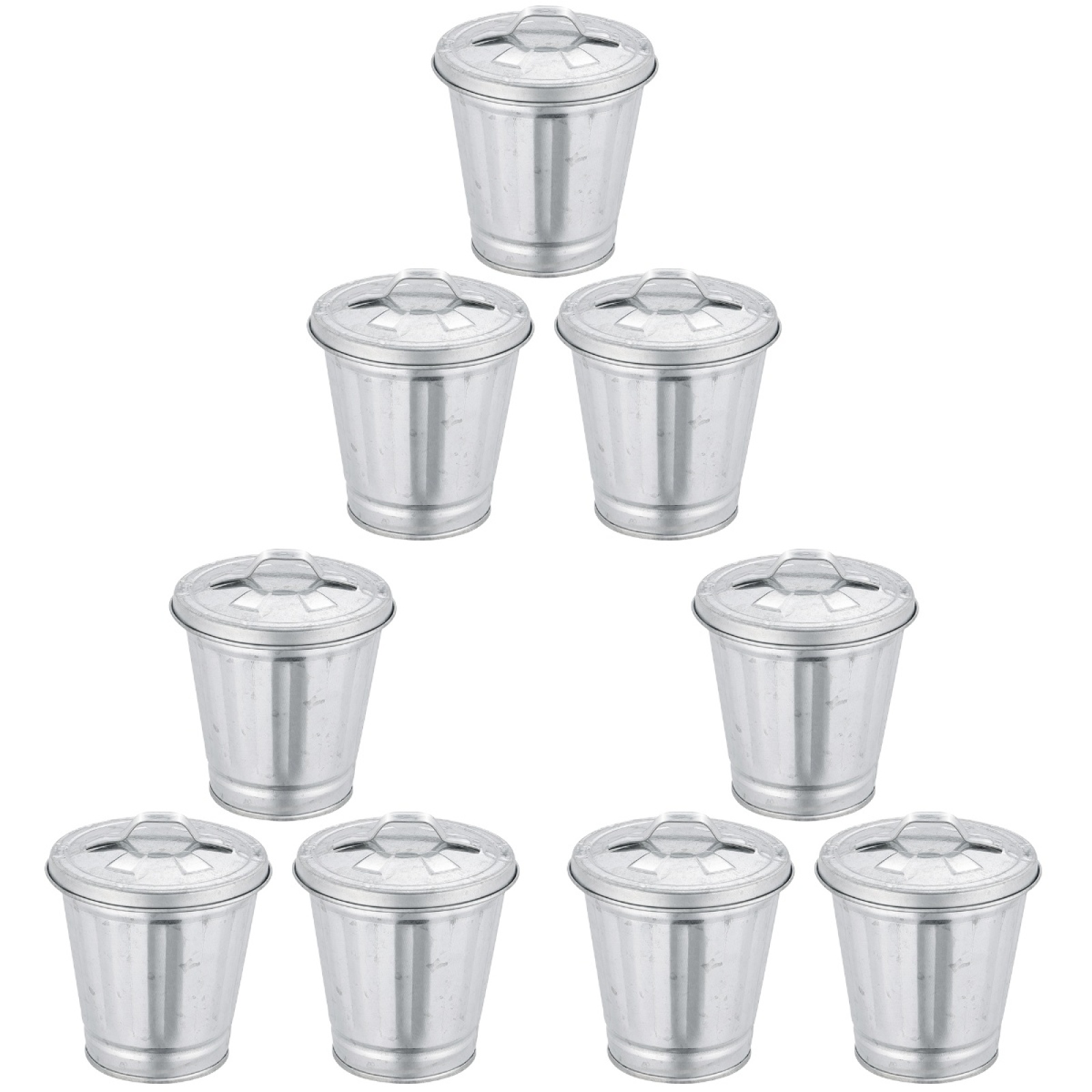 Image of jojofuny 9 Pack Mini Trash Cans with Lids, 3.7 Inch Silver Metal Garbage Can Favor Buckets, Small Desktop Bins for Trash Truck Birthday Party, Office Desk, Craft Storage, Pen Holder, Mini Planter
