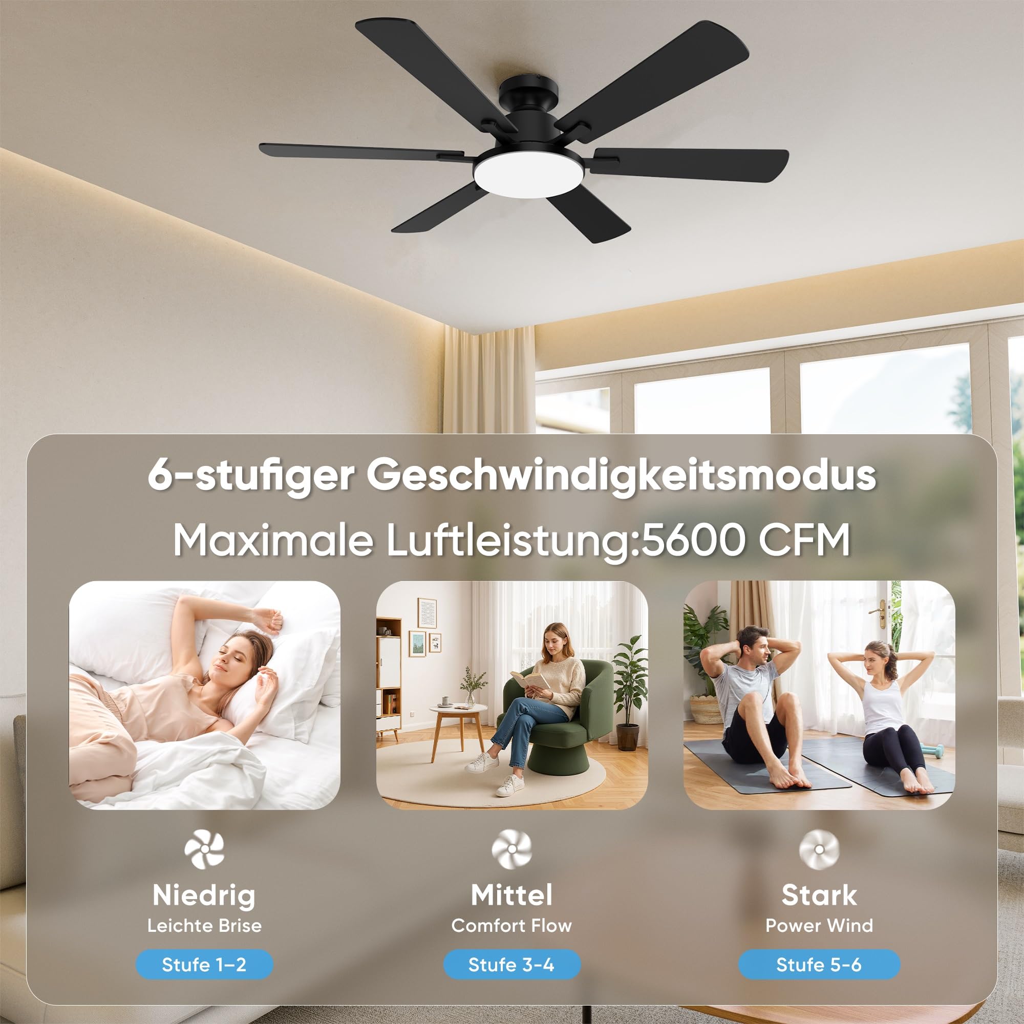 ROTTOGOON Deckenventilator mit Beleuchtung 132cm Leise Reversible DC Motor | Deckenventilator mit licht und fernbedienung, 6 Flügel 6 Gänge, 3CCT, Doppelseitige Flügel für Schlafzimmer Wohnzimmer