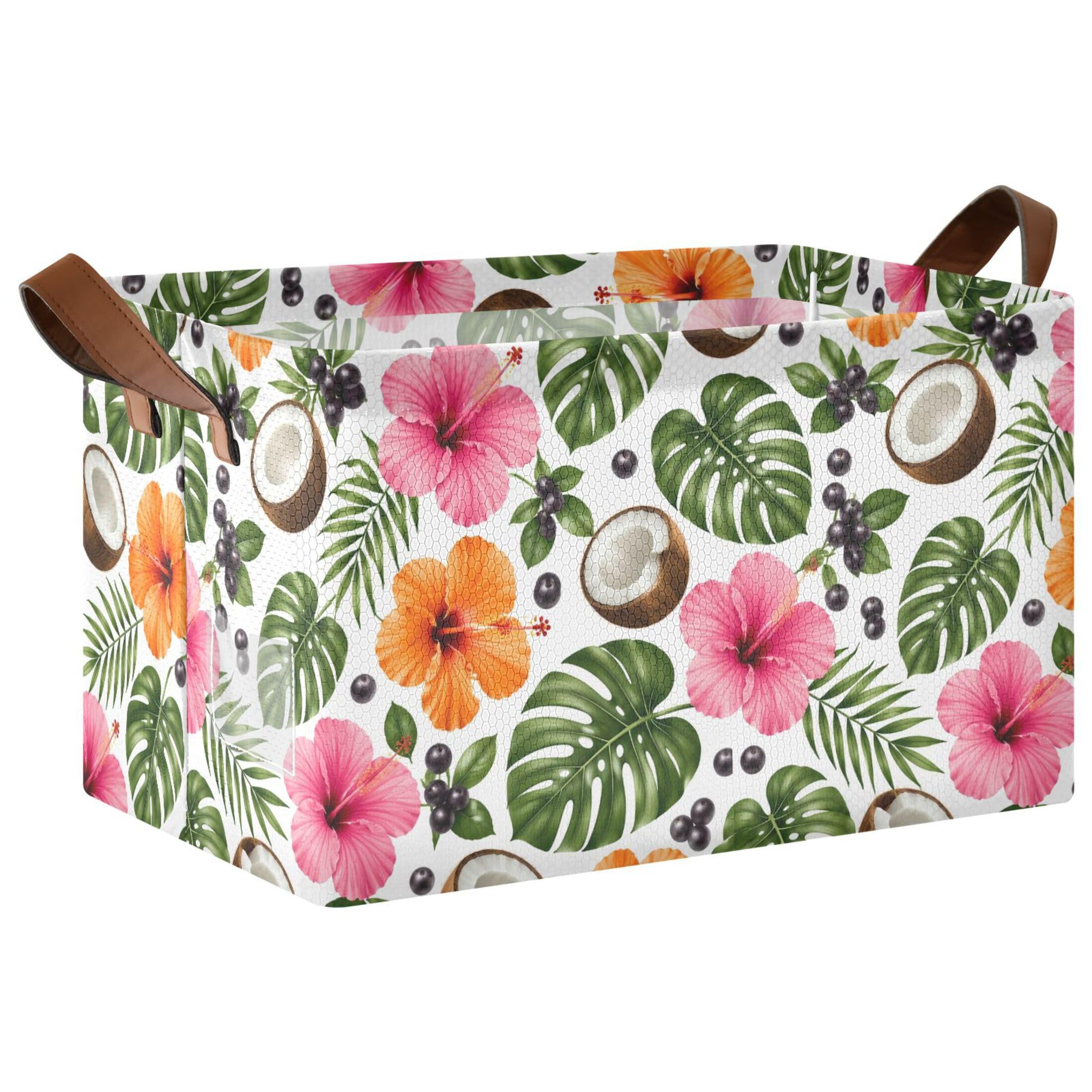 Kutsu Tropical Leaves Foldable Storage Basket Collapsible Bin With Handles For Shelves