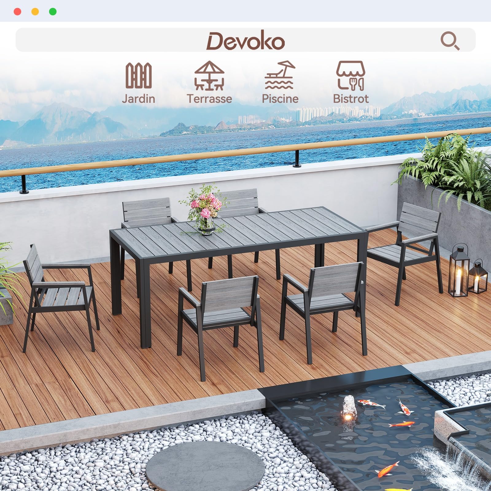 Devoko HDPS Salon de Jardin Exterieur 7 Pièces, Résistance aux Intempéries Ensemble 189 cm Table et 6 Chaise de Jardin Exterieur Aluminium, Finition Grain de Bois et Facile d'entretien(Gris)