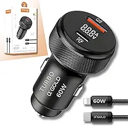 Carregador Veicular Turbo 60W MTS com Cabo IOS para Automóvel – 2 Portas USB + USB-C, Carrega 2 Dispositivos ao Mesmo Tempo, Alta Velocidade, Potente 9.1A, Compatível com iPhone e Android