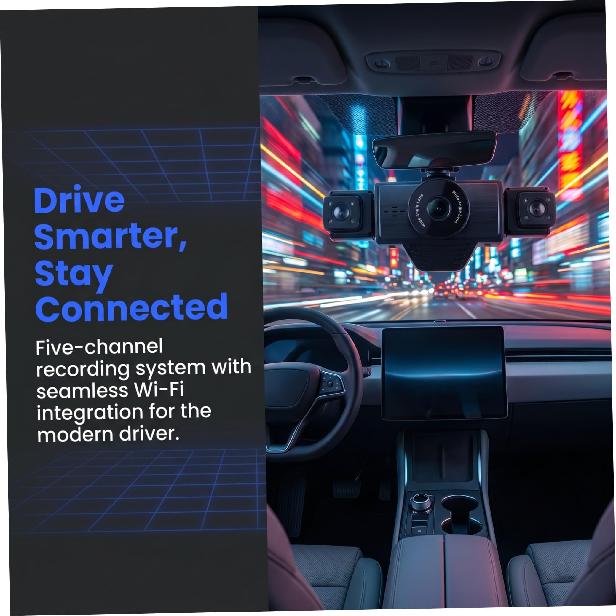 Holibanna Dash Cam a Cinque Vie per Auto con Wifi e Visione Notturna | Copertura Completa, Obiettivo Grandangolare, Abs Nero, Registrazione in Loop