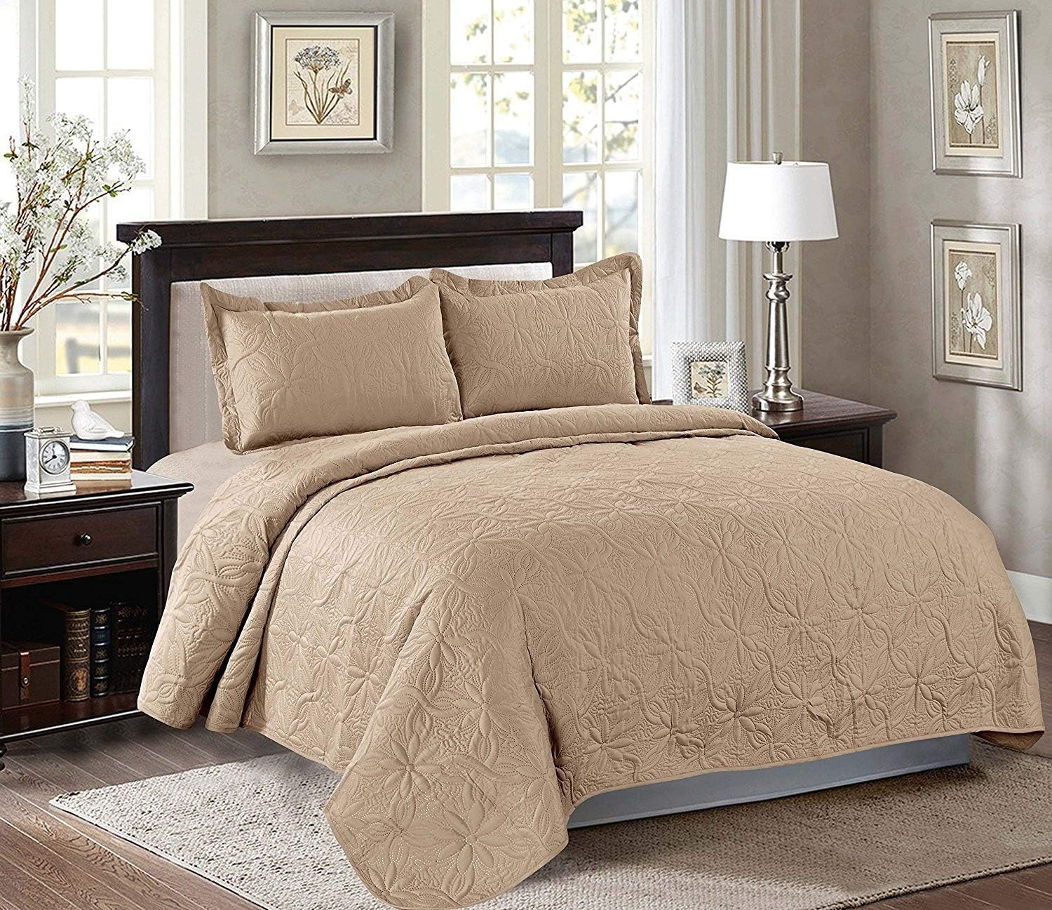 Maiija 3 Piece Embossed Floral Pattern Oversized Bedspread Coverlet 118x106 (King, Taupe)