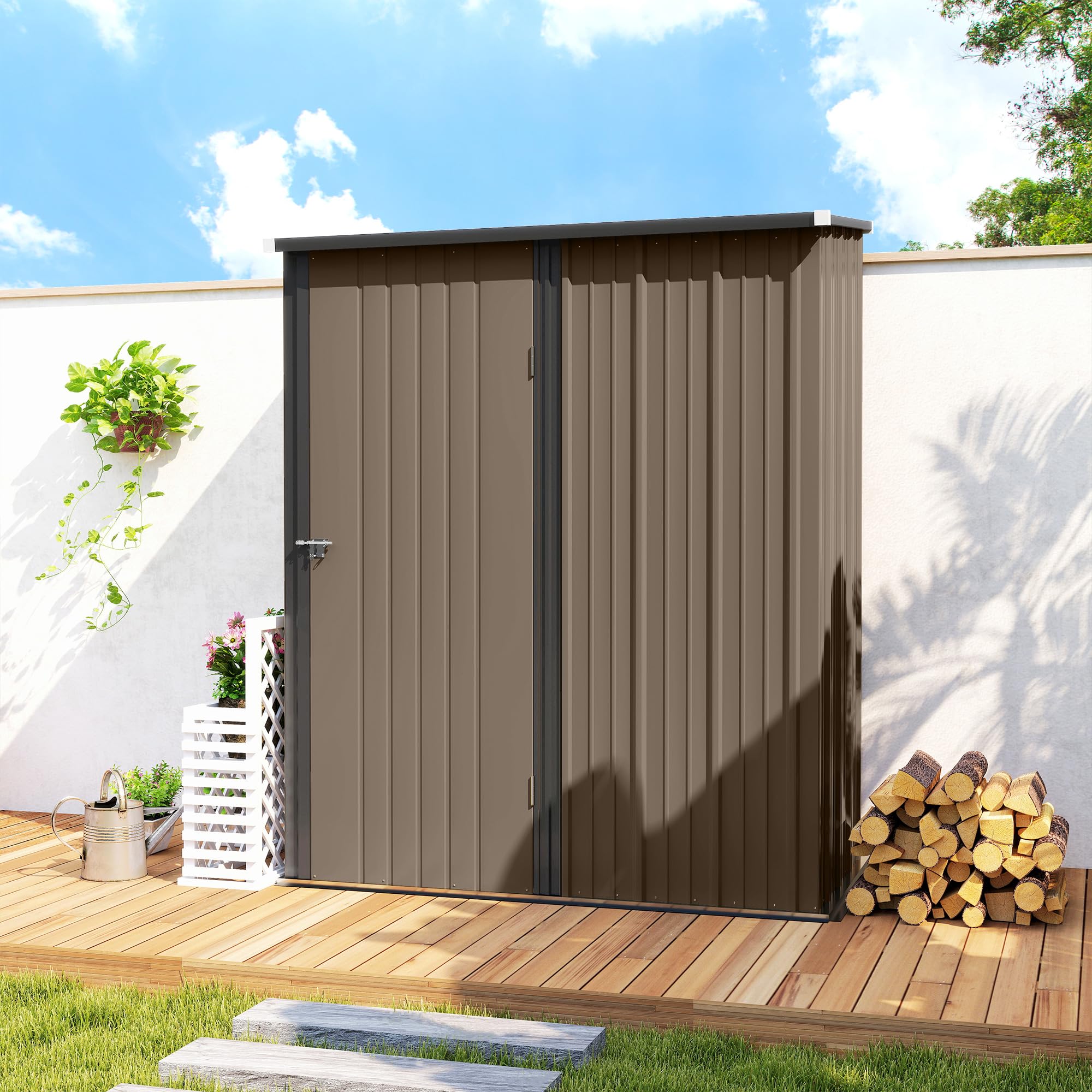 Outsunny Cobertizo de Jardín Exterior 1,34 m² 161,5x94,5x196 cm Caseta de Jardín Exterior Metálica con 1 Puerta y Cerradura para Almacenamiento de Herramientas para Patio Terraza Marrón