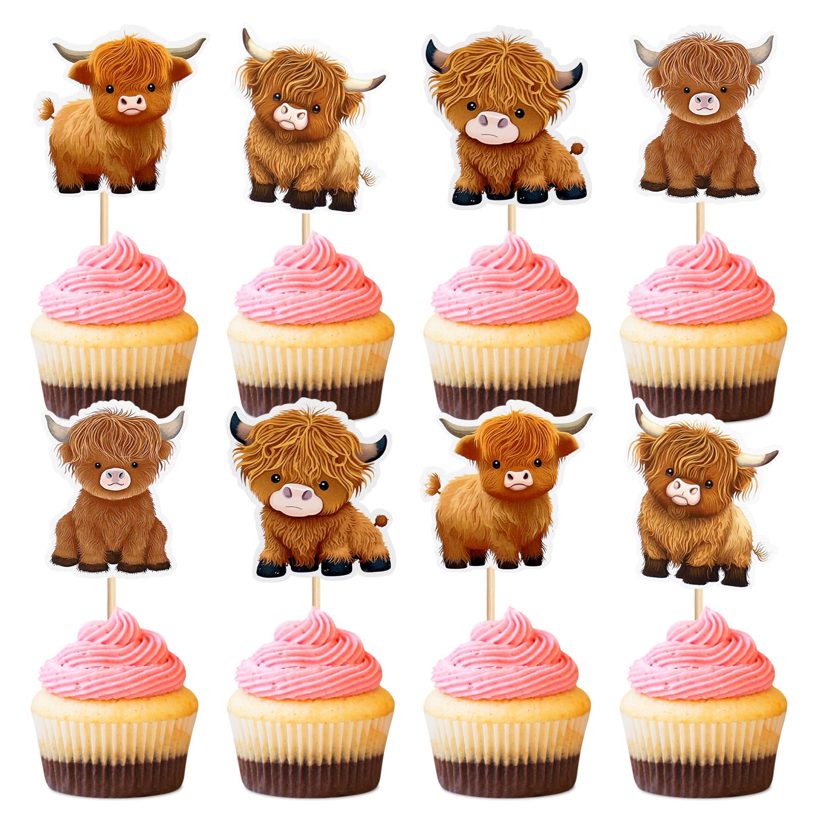 24 Pcs Highland Cow Cupcake Toppers Highland Cow Cupcake Decorations Picks Birthday Party Decorations Baby Shower Highland Cow Highland Cattle Birtyday Cake Decorations Baby Girl Boy Party Supplies