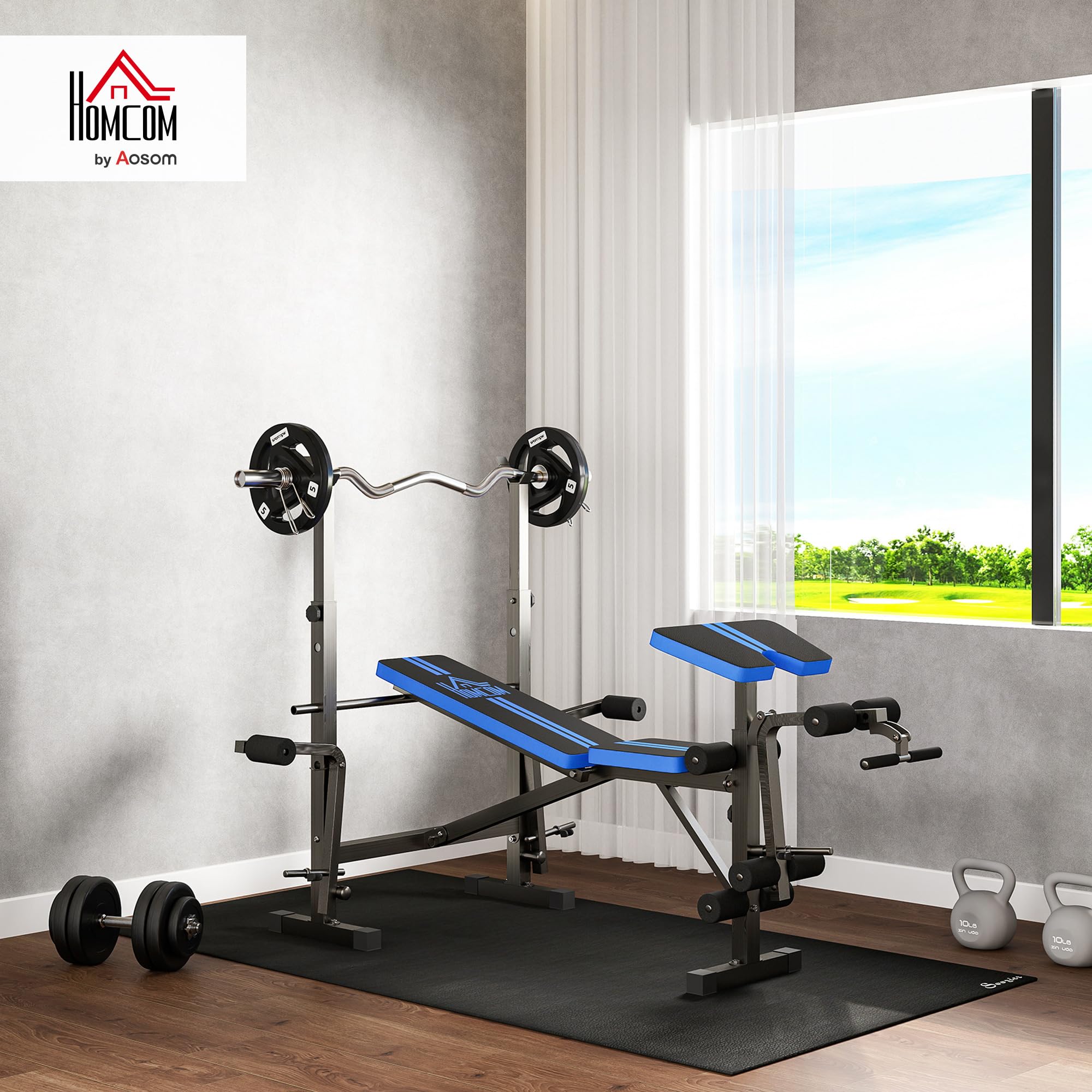 HOMCOM Banco de Musculación Multifuncional, Banco de Pesas con Respaldo Ajustable, Soporte para Barras Regulable, Extensión de Piernas, Curl de Predicador, Mariposa, Entrenamiento Casa Gimnasio, Azul