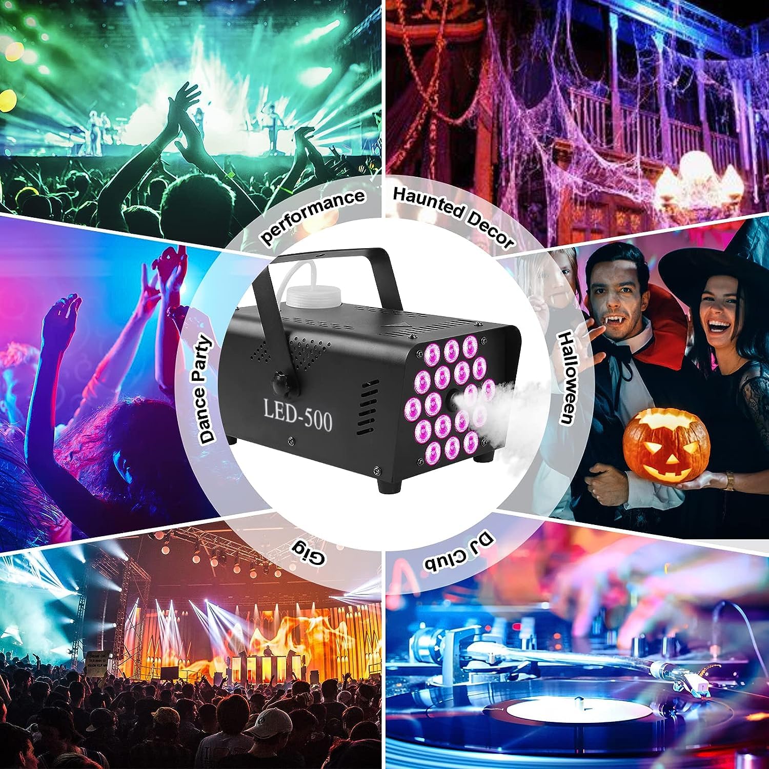 Máquina de Humo Niebla con LED Luces de Fiesta Coloridas, 500W Maquina Humo Disco Portátil con Automático y Control Remoto Inalámbrico de Niebla para Halloween, Navidad, Bodas, Cumpleaños ect. (18LED)