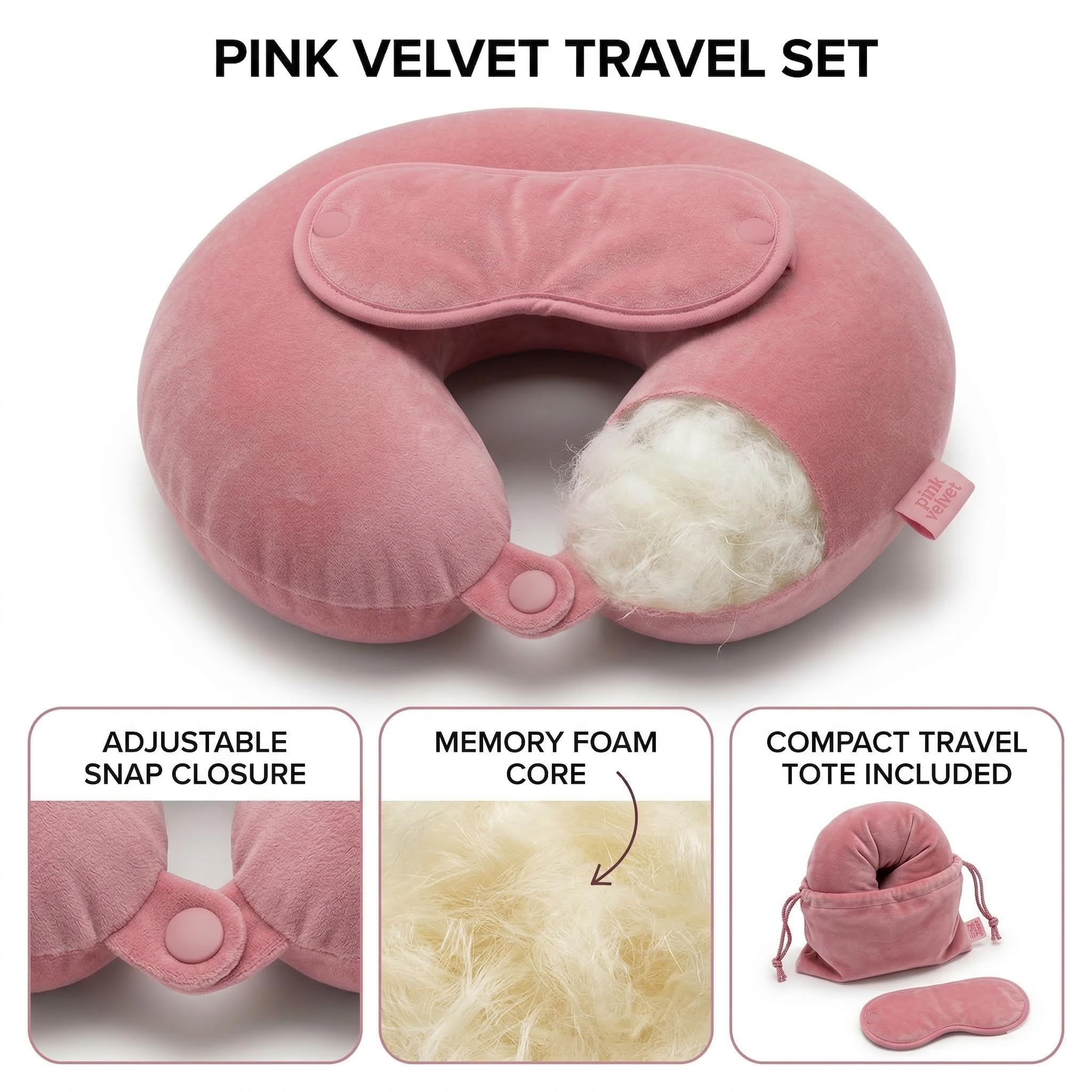 枕 slip Pink Travel Set, pillow, eye mask Pink Travel Neck Pillow with Button Closure & Eye Mask Set | Soft