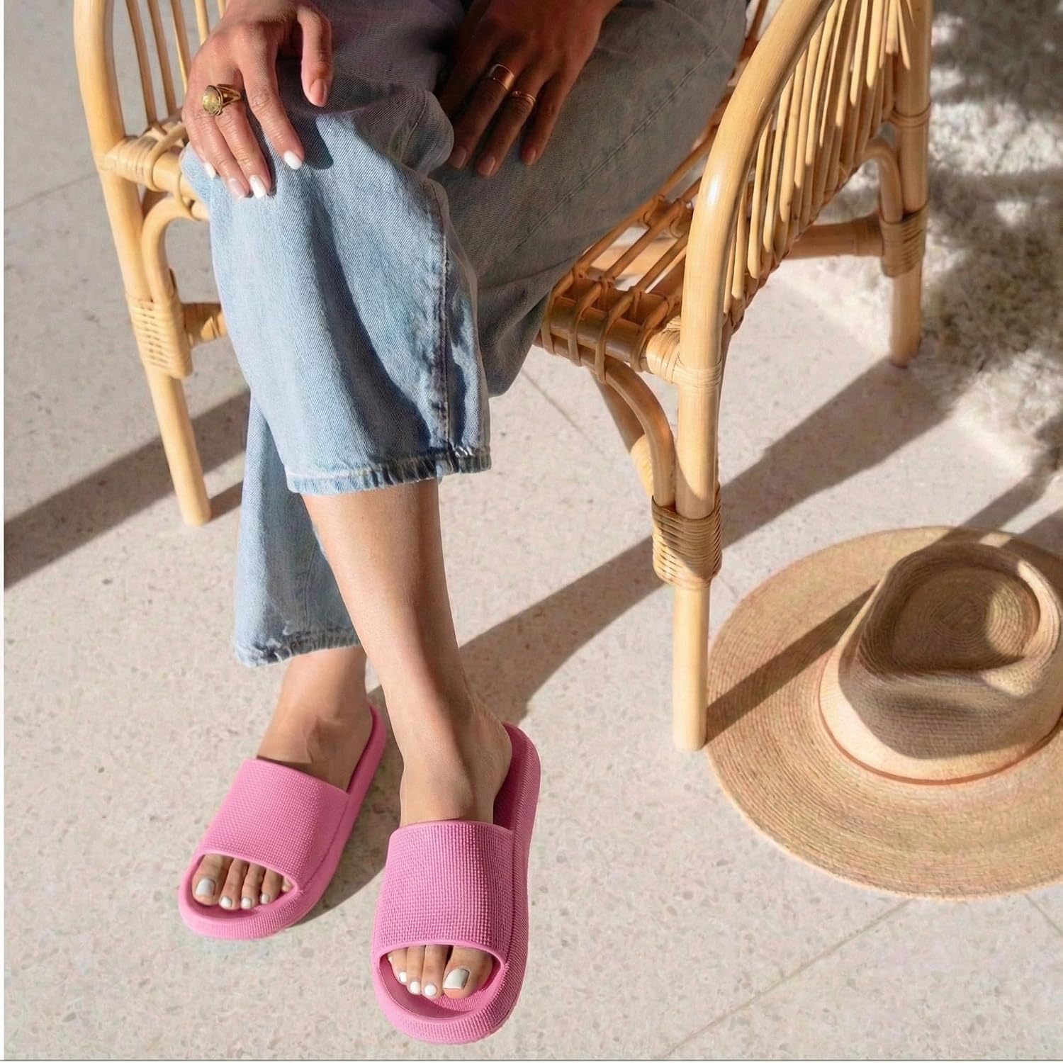 CUSHIONAIRE Feather EVA Slides for Women – Comfortable Slip On Womens Slippers, Indoor Outdoor Shower Shoes, Beach Essential Cloud Slides