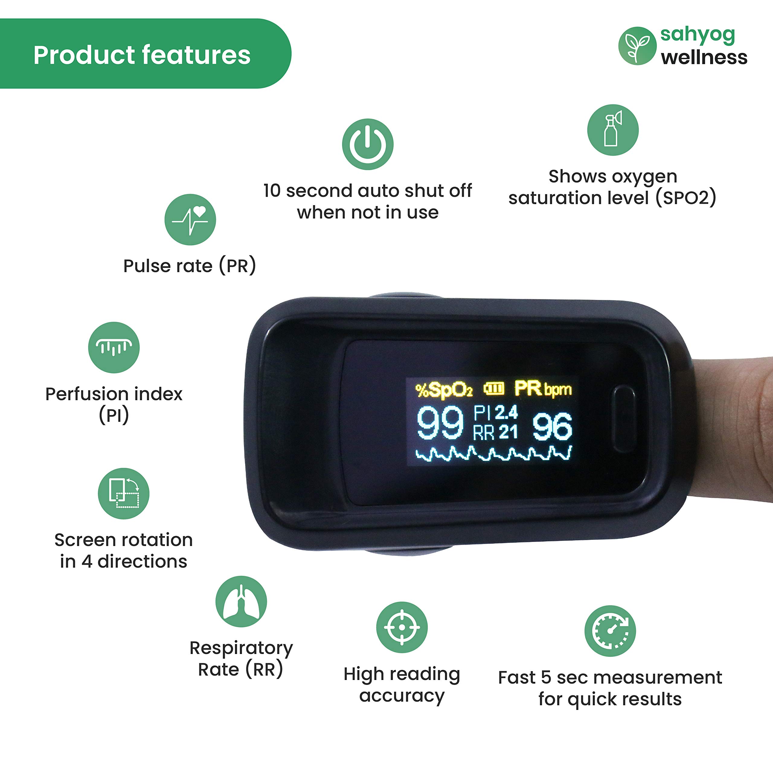 Sahyog Wellness Fingertip advanced OLED Type Pulse Oximeter measures Oxygen Saturation, Pulse Rate (SpO2), Perfusion Index & Respiratory Rate with Battery (Black) - Image 2 thumbnail
