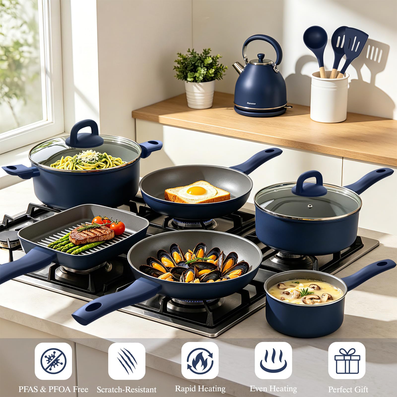 Pots and Pans Set Nonstick, Umite Chef Kitchen Non Stick Induction Cookware & Bakeware Set - 31 PCS Cooking Pans Set with Frying Pans & Utensil, Sturdy & Easy to Clean & PFOA Free (Navy Blue) view 6