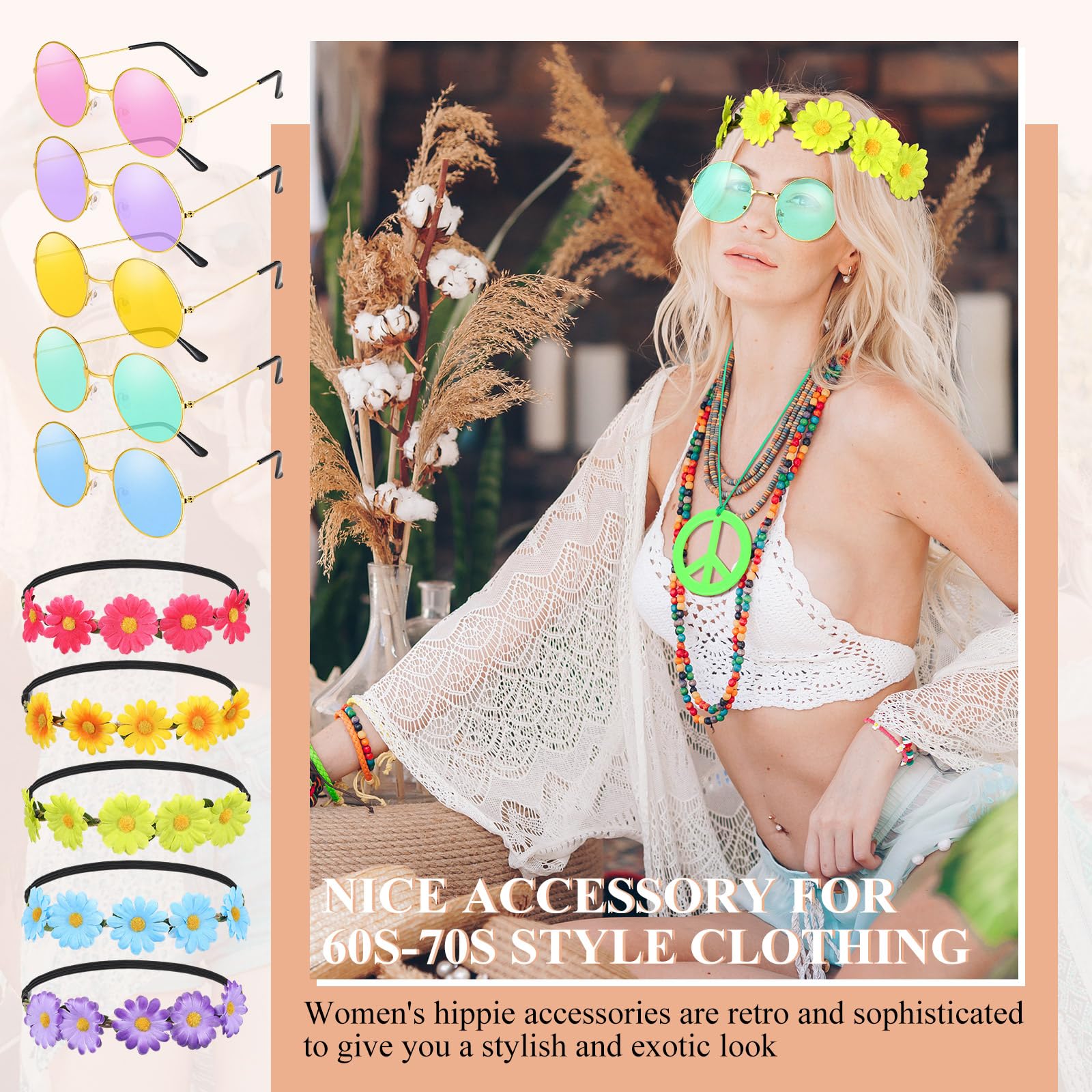 Xinnun 20 Pezzi Set di Accessori per Costume Hippie Anni '60 e '70 Fascia per Capelli con Corona di Fiori Occhiali da Sole Bracciale con Perline Collana con Segno di Pace per Disco Festa Retrò
