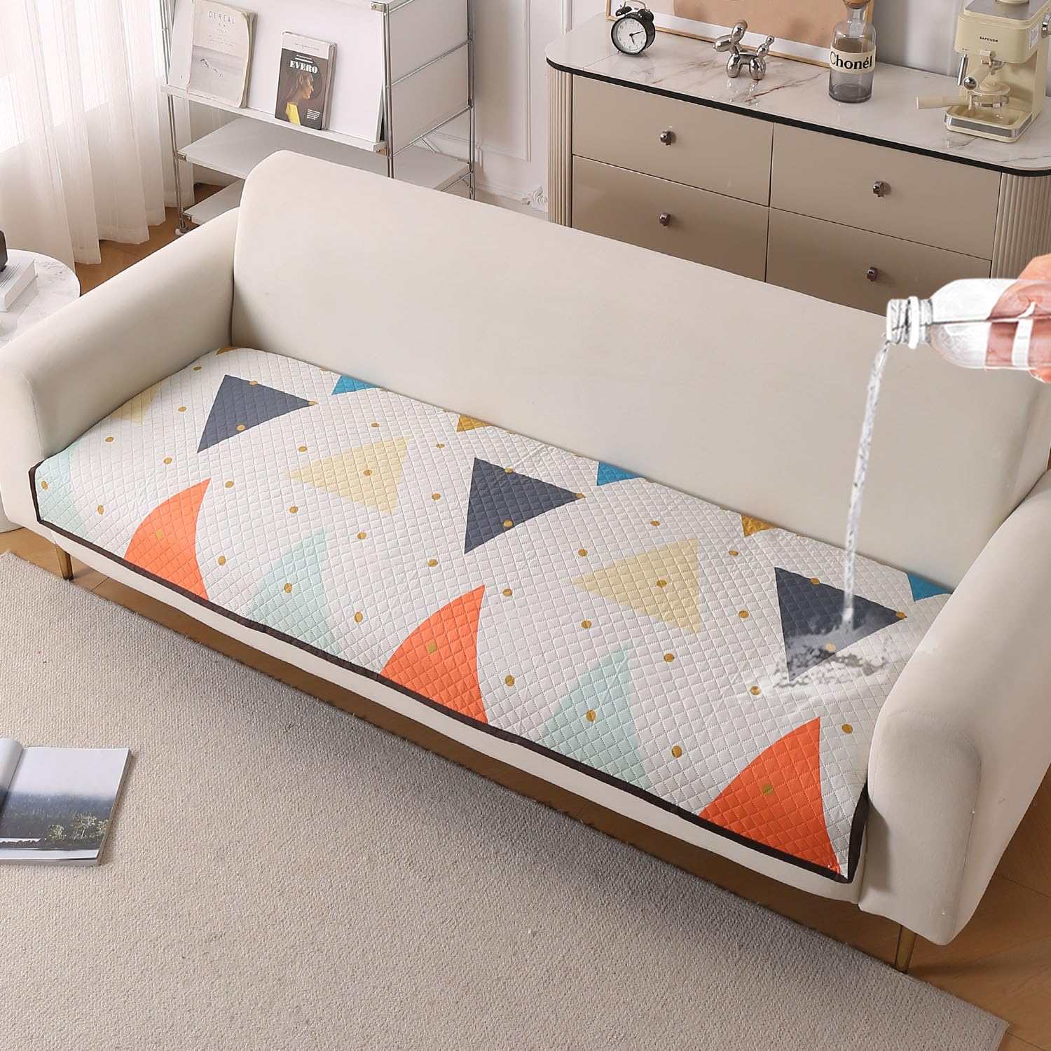 Beige Peony Sofa Cover - L Shape 5 Seater -24
