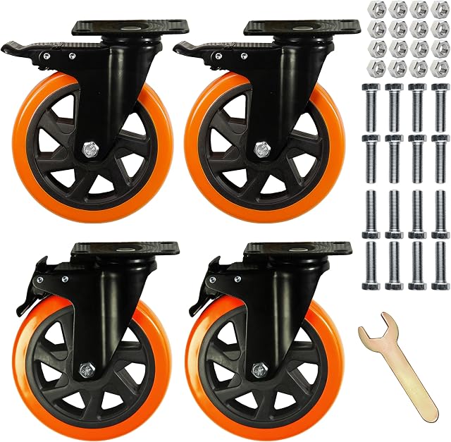 6 Inch Heavy Duty Swivel Casters, Load 2800 Lbs, Double Locking, Double Bearings, Individual Brake PVC Material, Set of 4