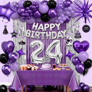 Purple Black Happy 24th Birthday Decorations, 24th Party Packs for Women