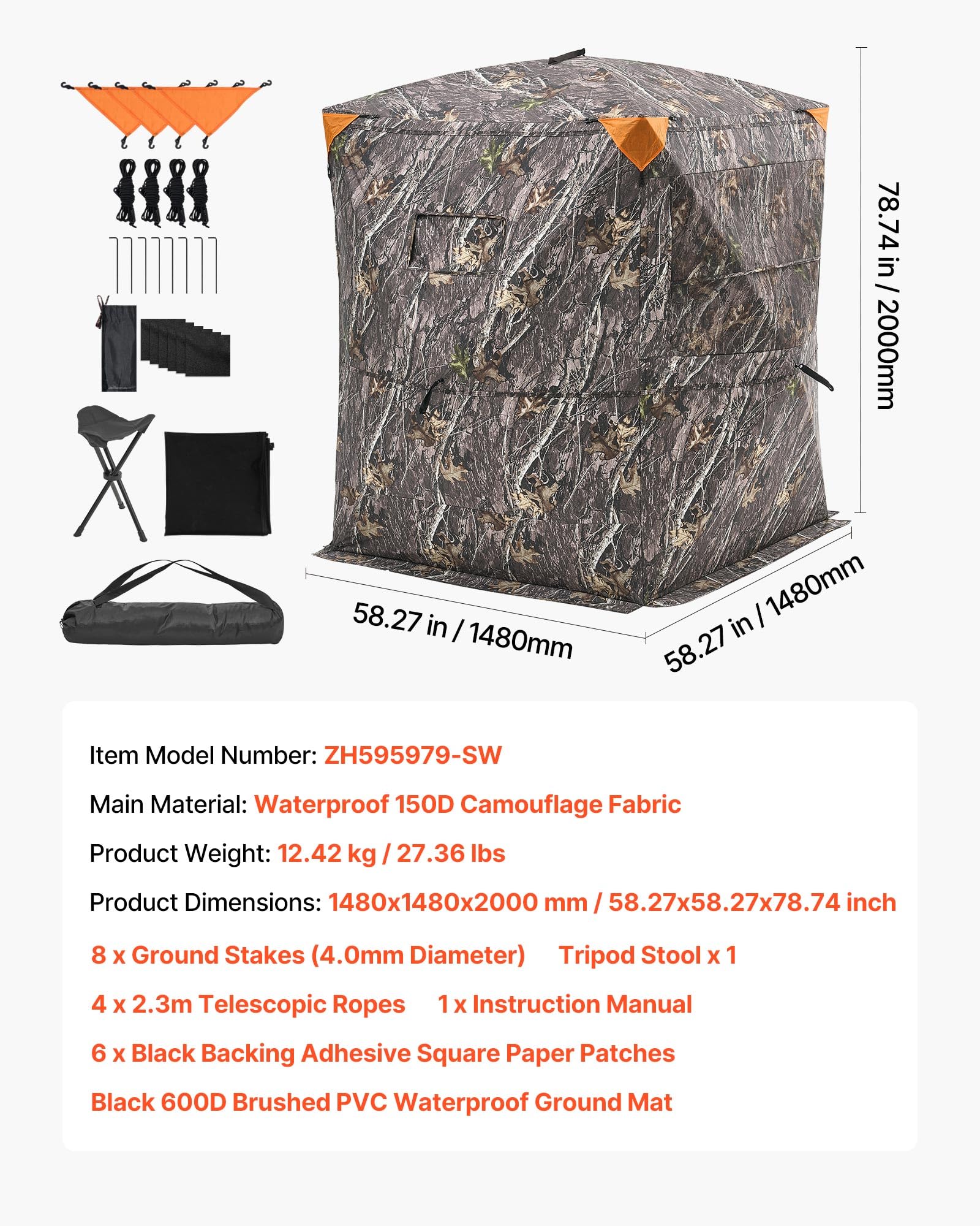 VEVOR Tenda da Caccia, Tenda Termica per 2 a 3 Persone con Sedia a Tre Gambe Borsa per Il Trasporto, Mimetica Portatile, Riparo Nascosto Resistente con Porta e Finestra con Cerniera
